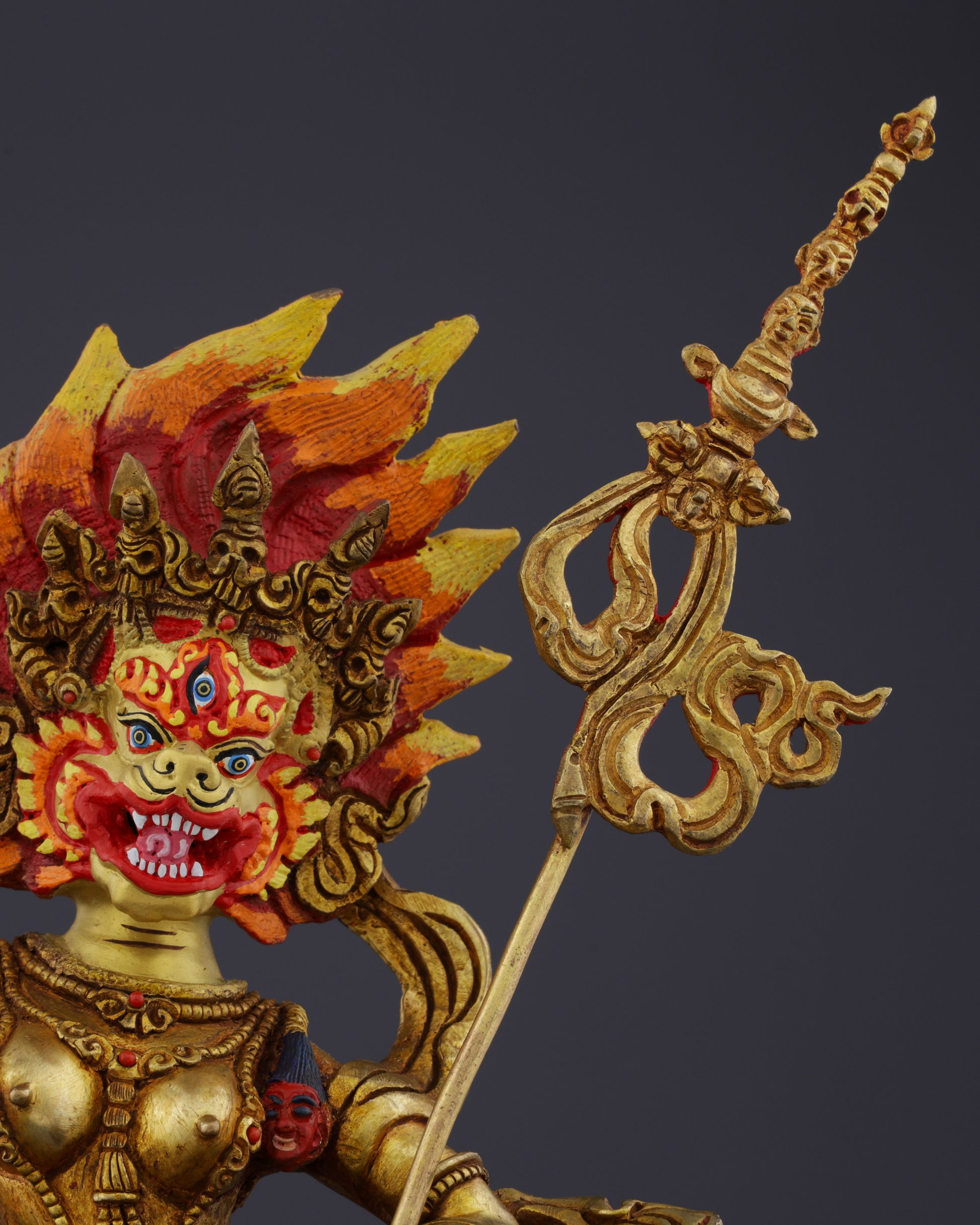 The Lion-Faced Protector | Nepalese Handmade Vintage Gold Simhamukha Statue - Authentic Handcrafted Statue