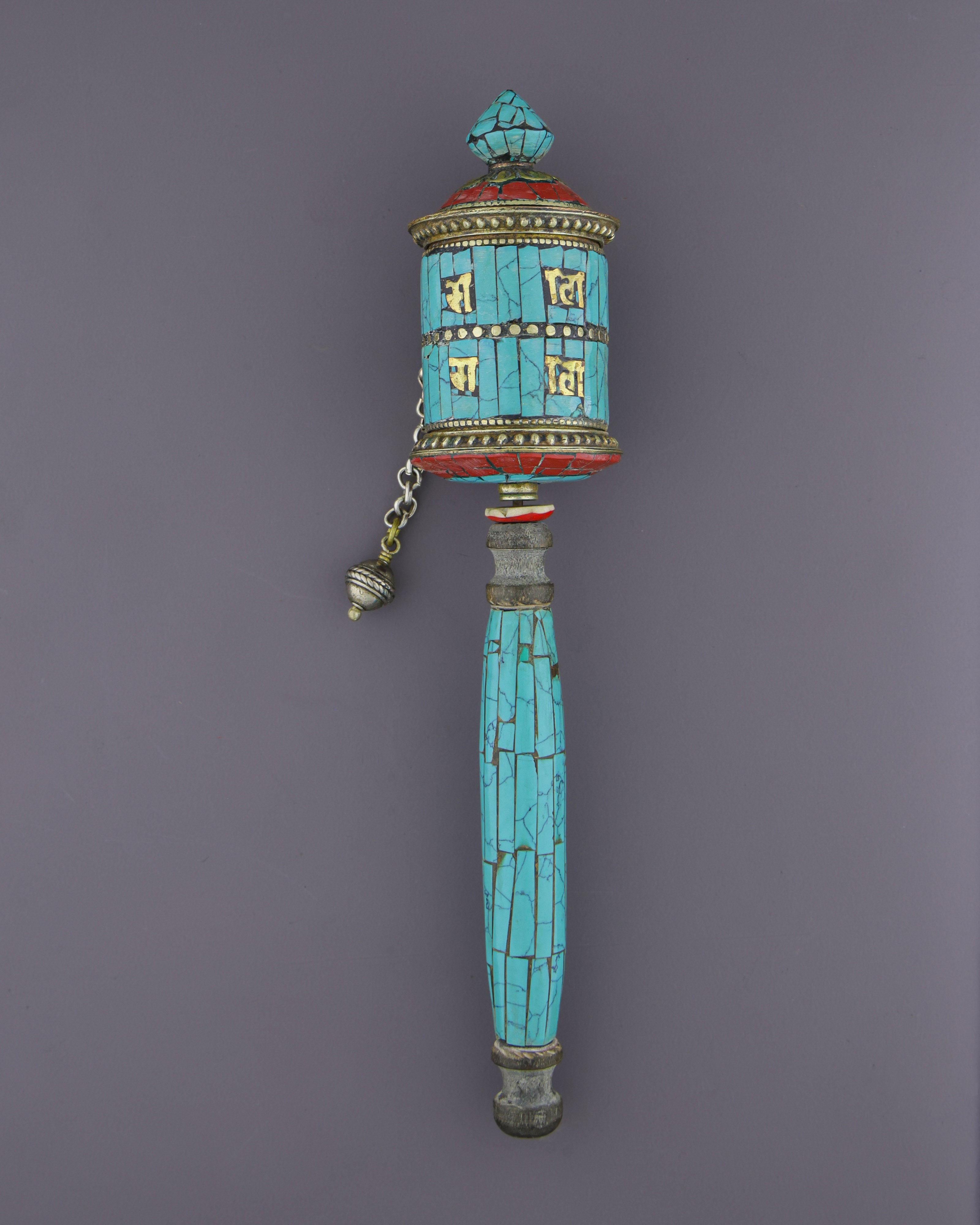 Sacred Mani Prayer Wheel | Authentic Turquoise-Inlaid Tibetan Hand Spinner
