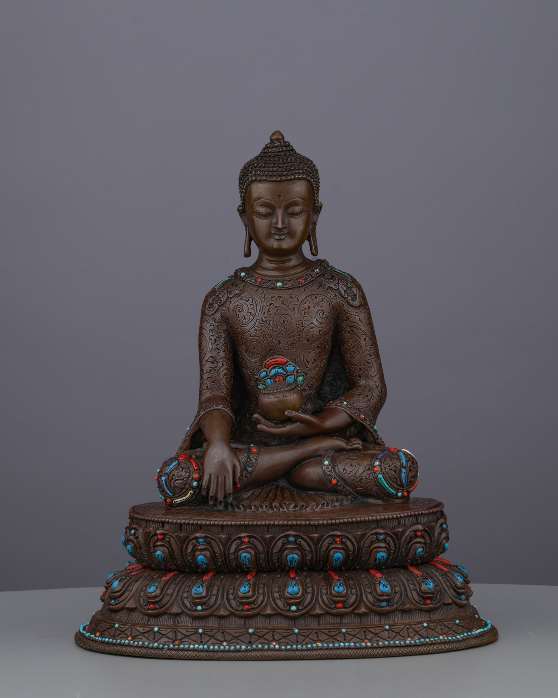 Oxidized Sakyamuni Buddha with Gemstones |  A Jewel of Nepalese Craftsmanship - Authentic Handcrafted Statue