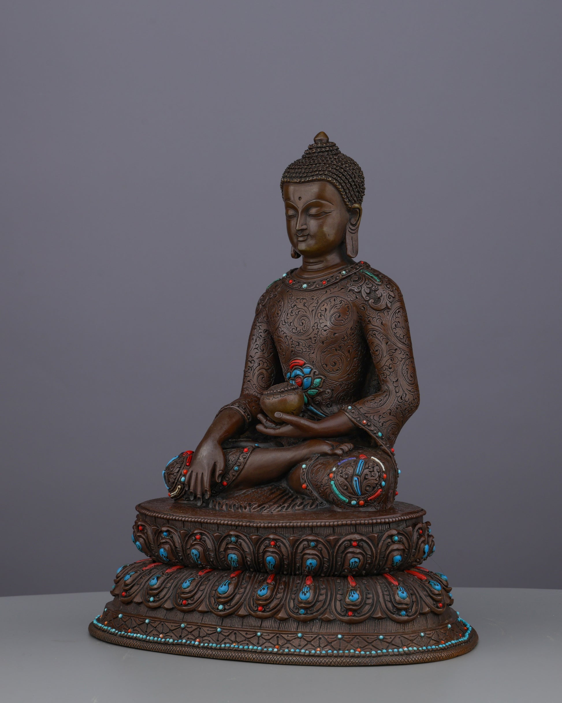 Oxidized Sakyamuni Buddha with Gemstones |  A Jewel of Nepalese Craftsmanship - Authentic Handcrafted Statue