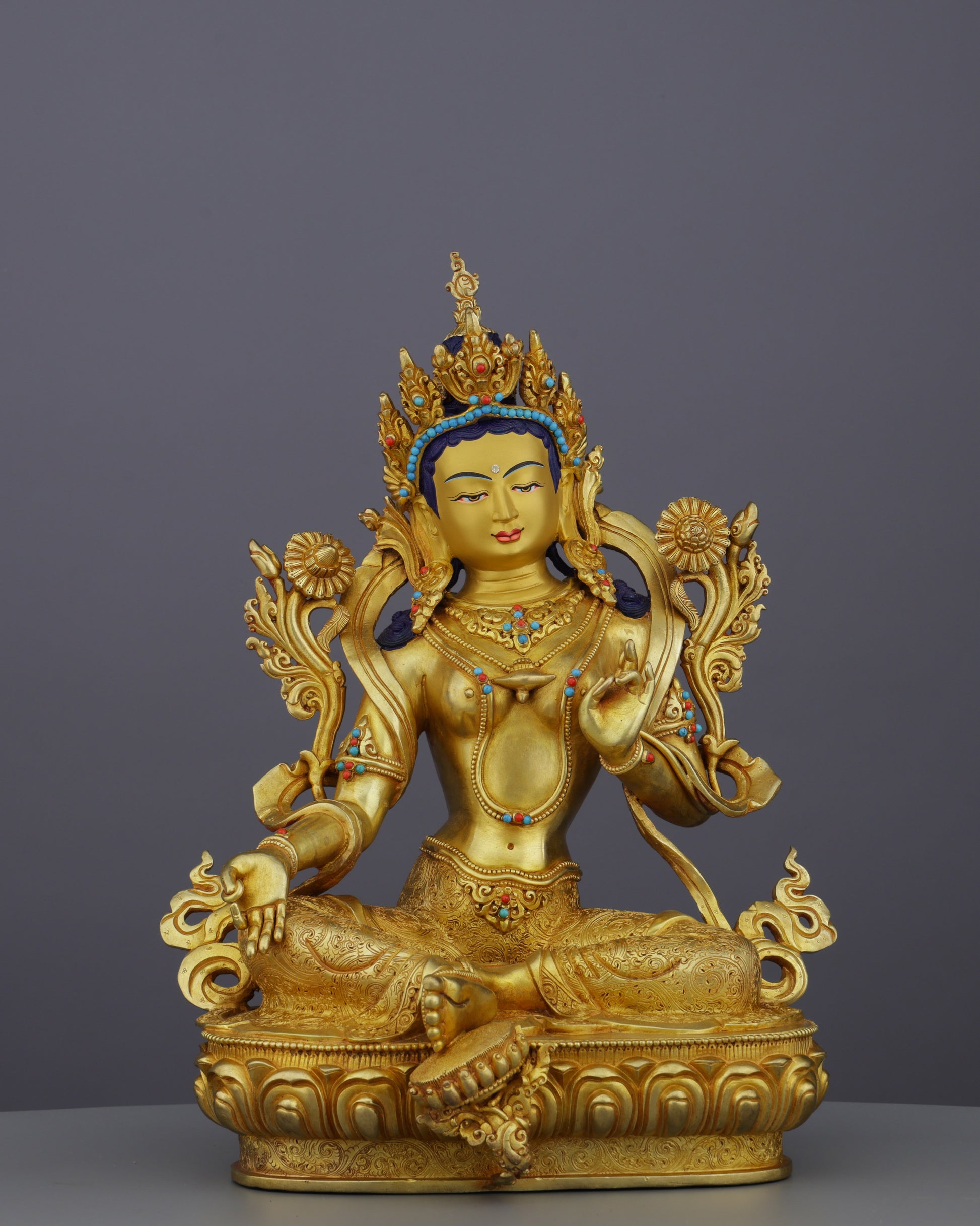 Radiant Green Tara Statue | The Compassionate Protectress in Pure Gold - Authentic Handcrafted Statue
