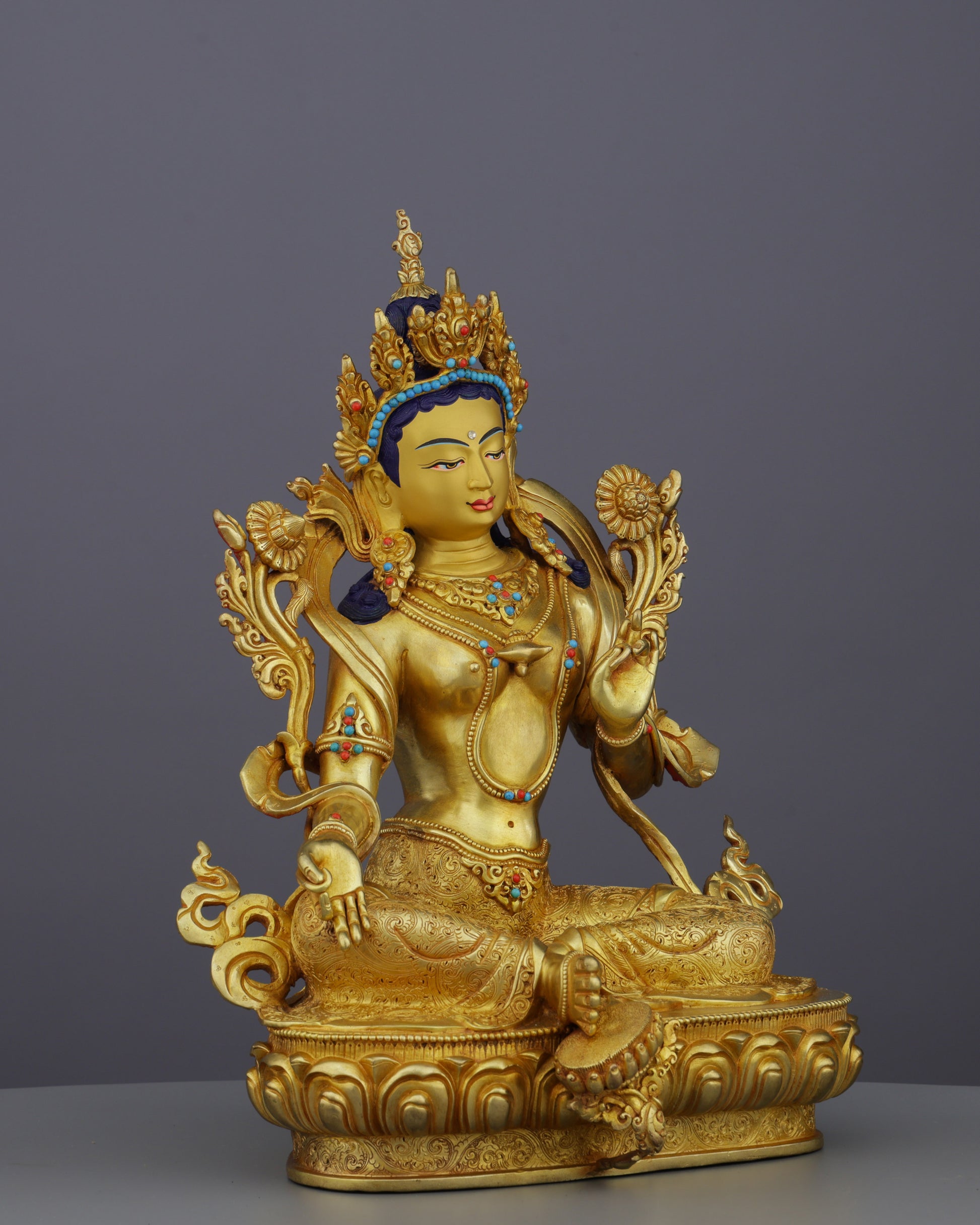 Radiant Green Tara Statue | The Compassionate Protectress in Pure Gold - Authentic Handcrafted Statue