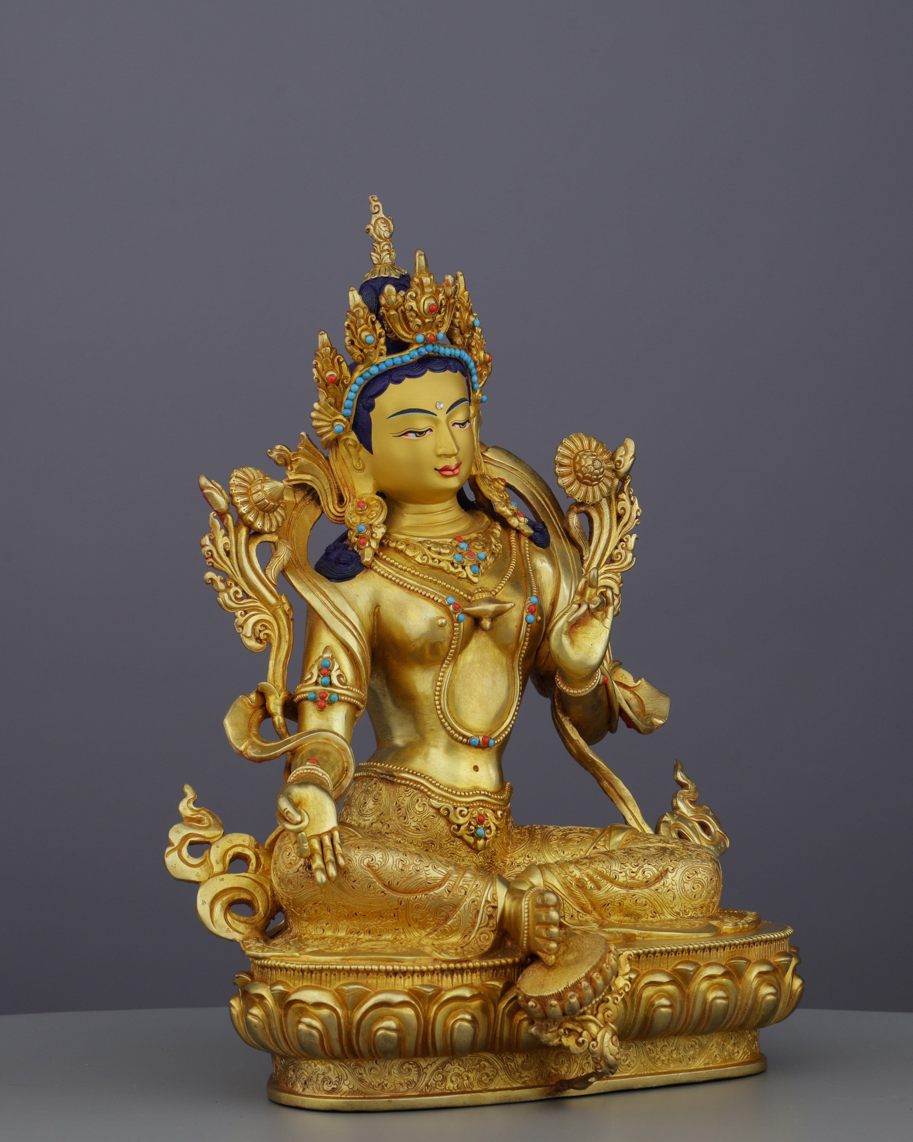 Radiant Green Tara Statue | The Compassionate Protectress in Pure Gold
