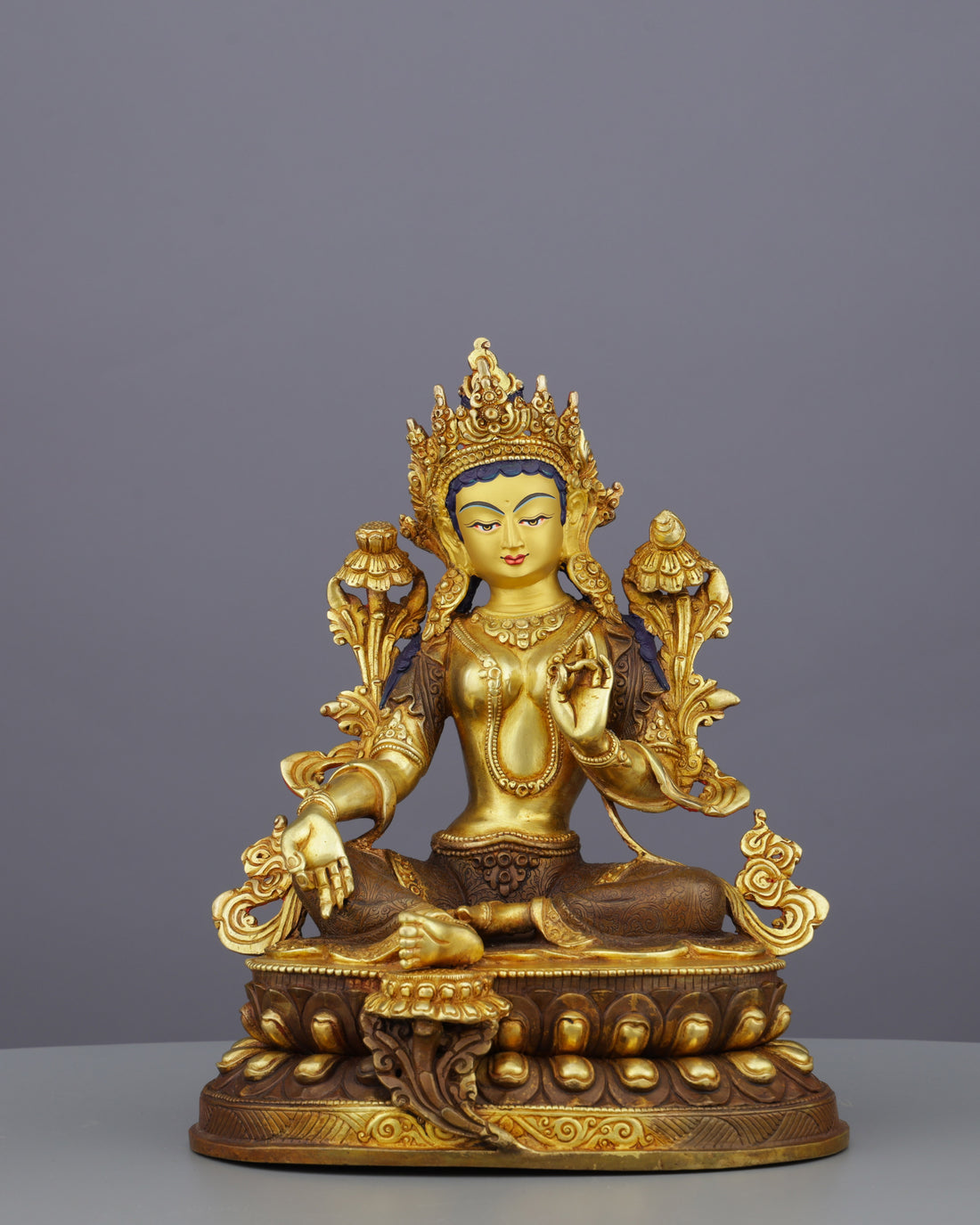 Swift Protector | Elegant Half-Gold Green Tara Statue from Nepal - Handcrafted Buddhist Statue