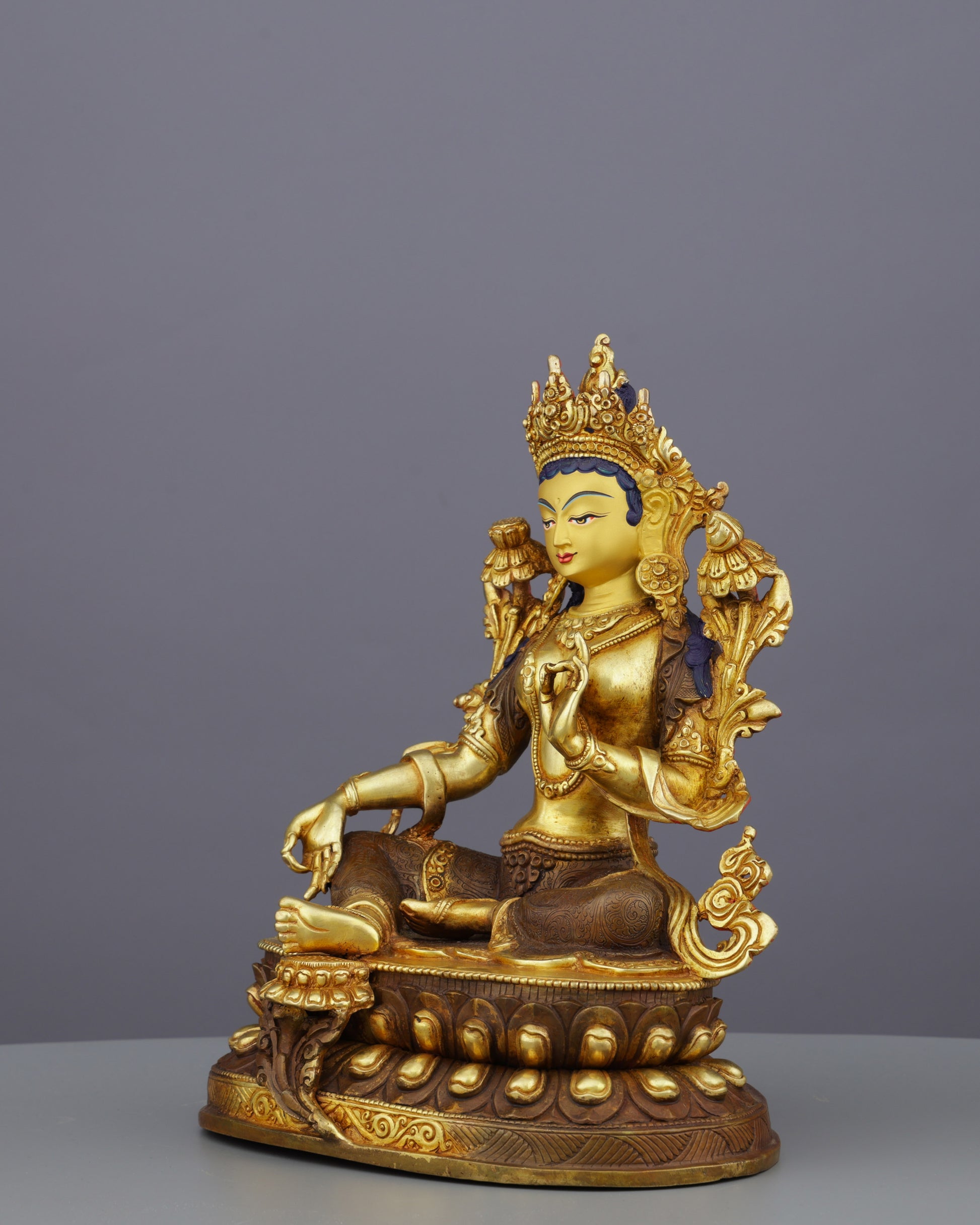 Swift Protector | Elegant Half-Gold Green Tara Statue from Nepal - Authentic Handcrafted Statue