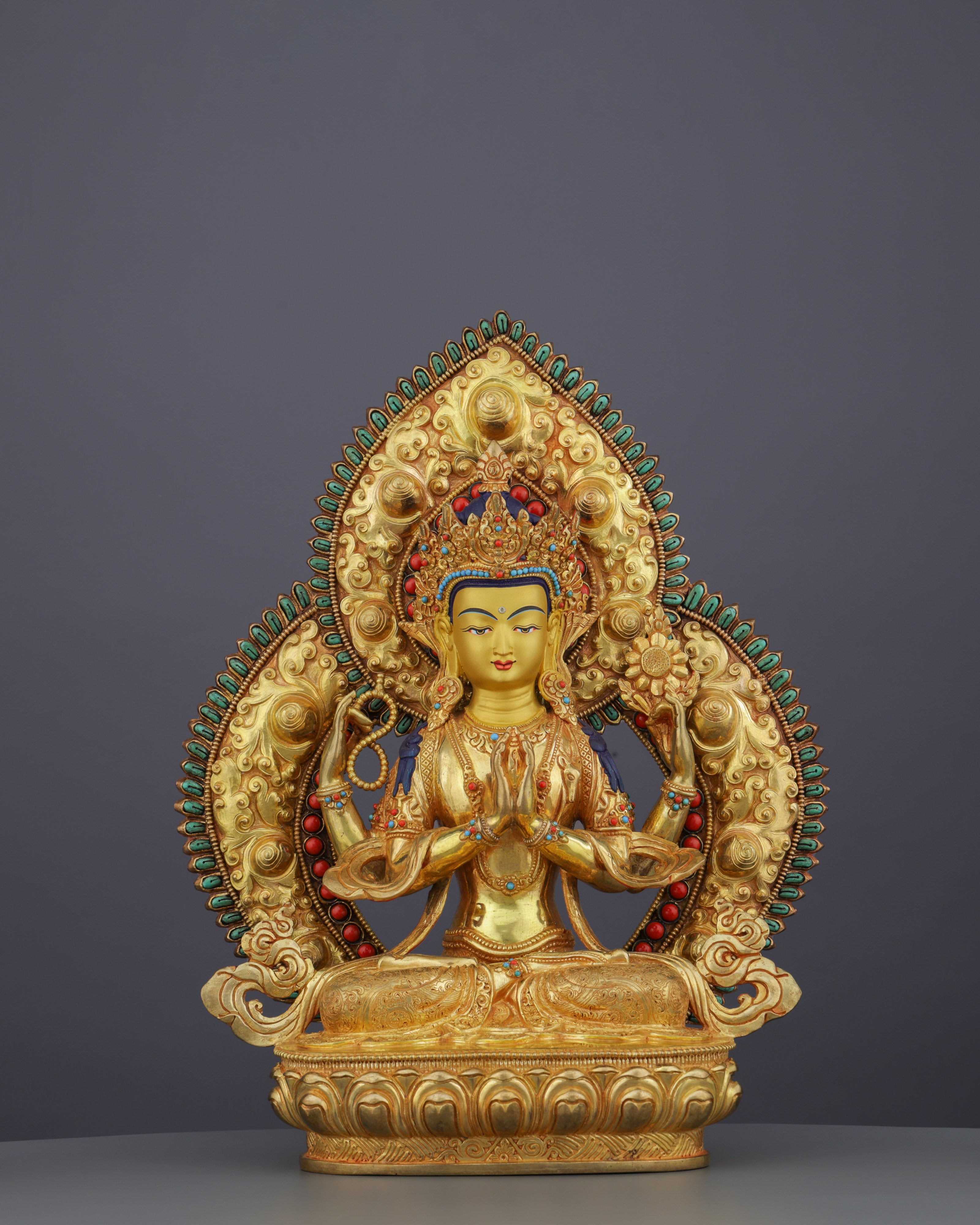 Radiant Compassion | Exquisite 24K Gold Gilded Chengresi Statue from Nepal