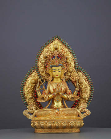 Radiant Compassion | Exquisite 24K Gold Gilded Chengresi Statue from Nepal