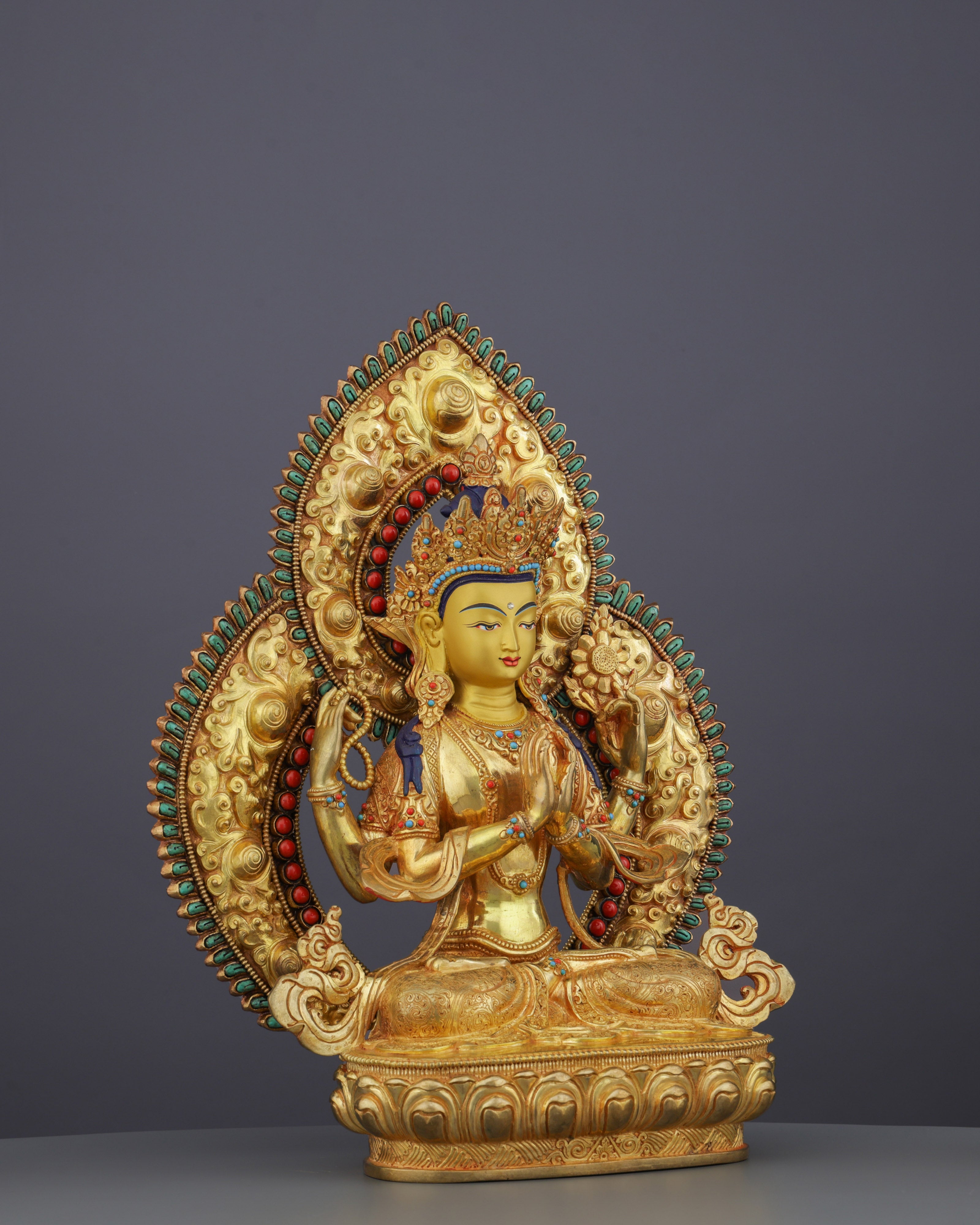 Radiant Compassion | Exquisite 24K Gold Gilded Chengresi Statue from Nepal