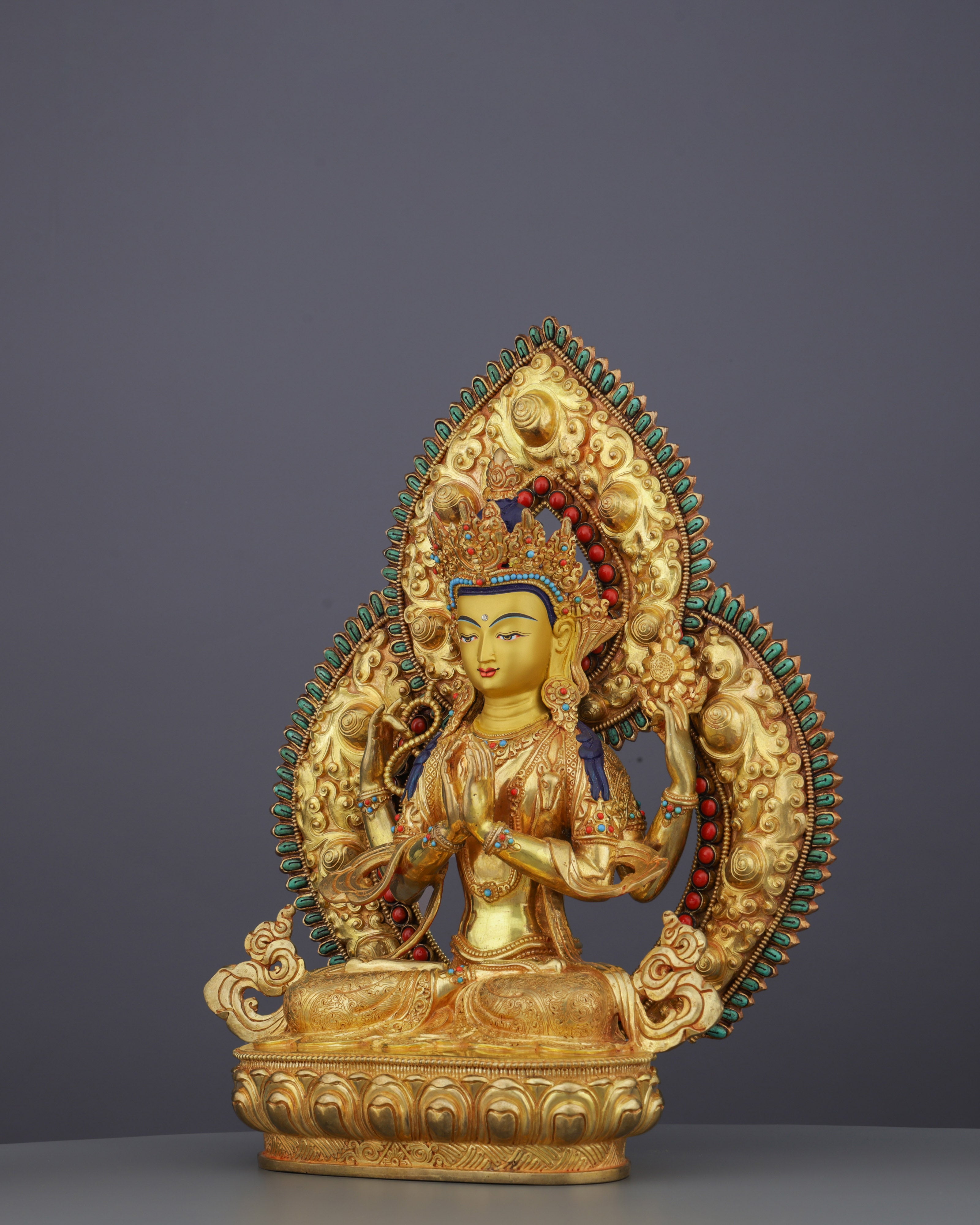 Radiant Compassion | Exquisite 24K Gold Gilded Chengresi Statue from Nepal