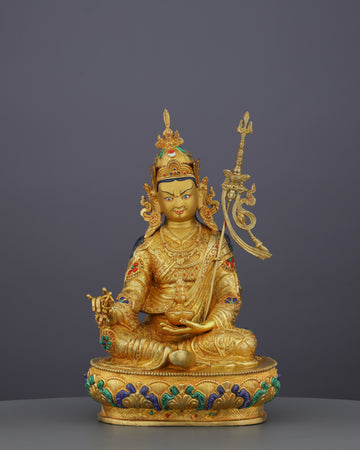 Divine Majesty | Handcrafted 24K Gold Gilded Guru Rinpoche Statue from Nepal