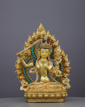 Sword of Wisdom | Magnificent 24K Gold Gilded Manjushri Buddha Statue from Nepal