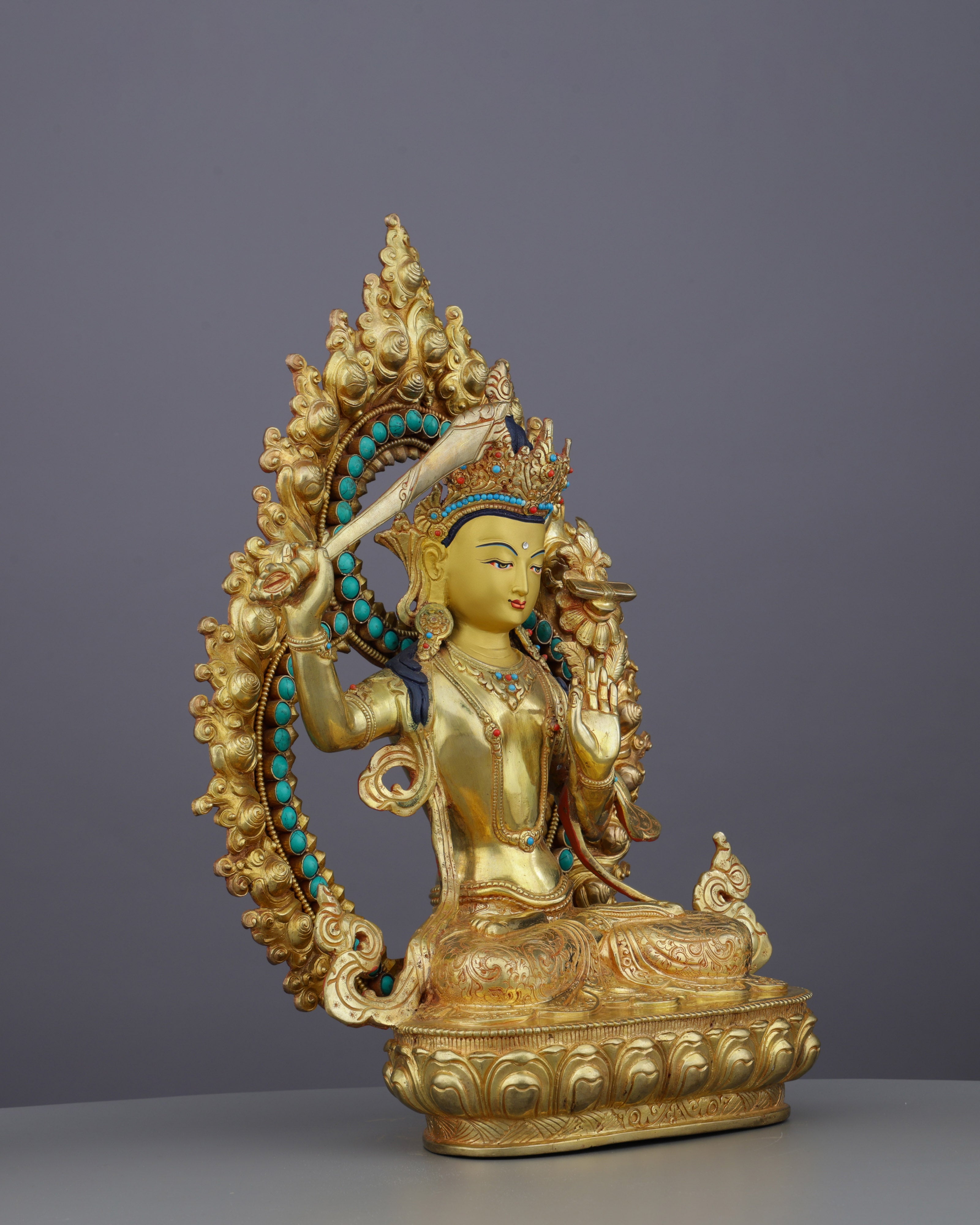 Sword of Wisdom | Magnificent 24K Gold Gilded Manjushri Buddha Statue from Nepal