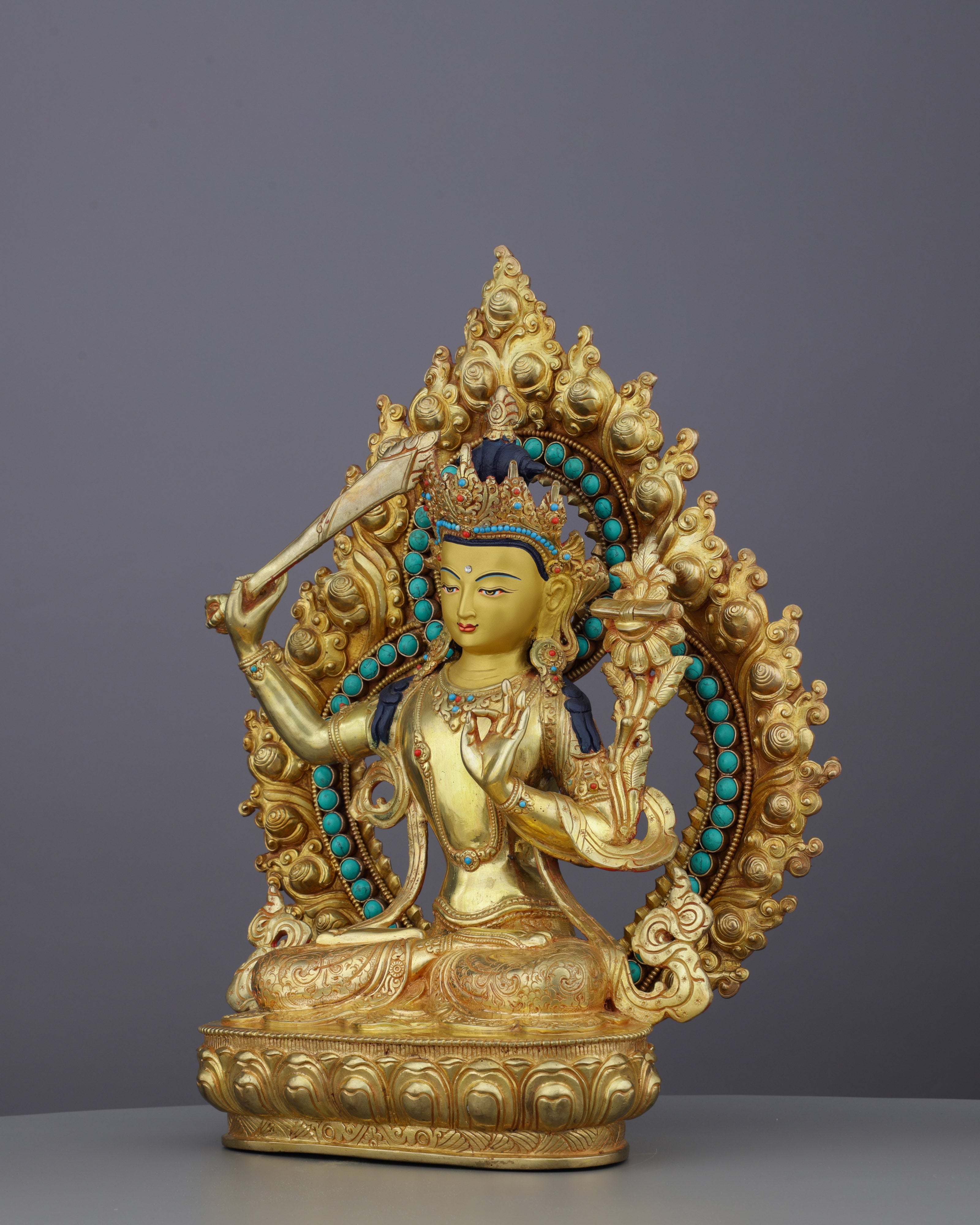 Sword of Wisdom | Magnificent 24K Gold Gilded Manjushri Buddha Statue from Nepal