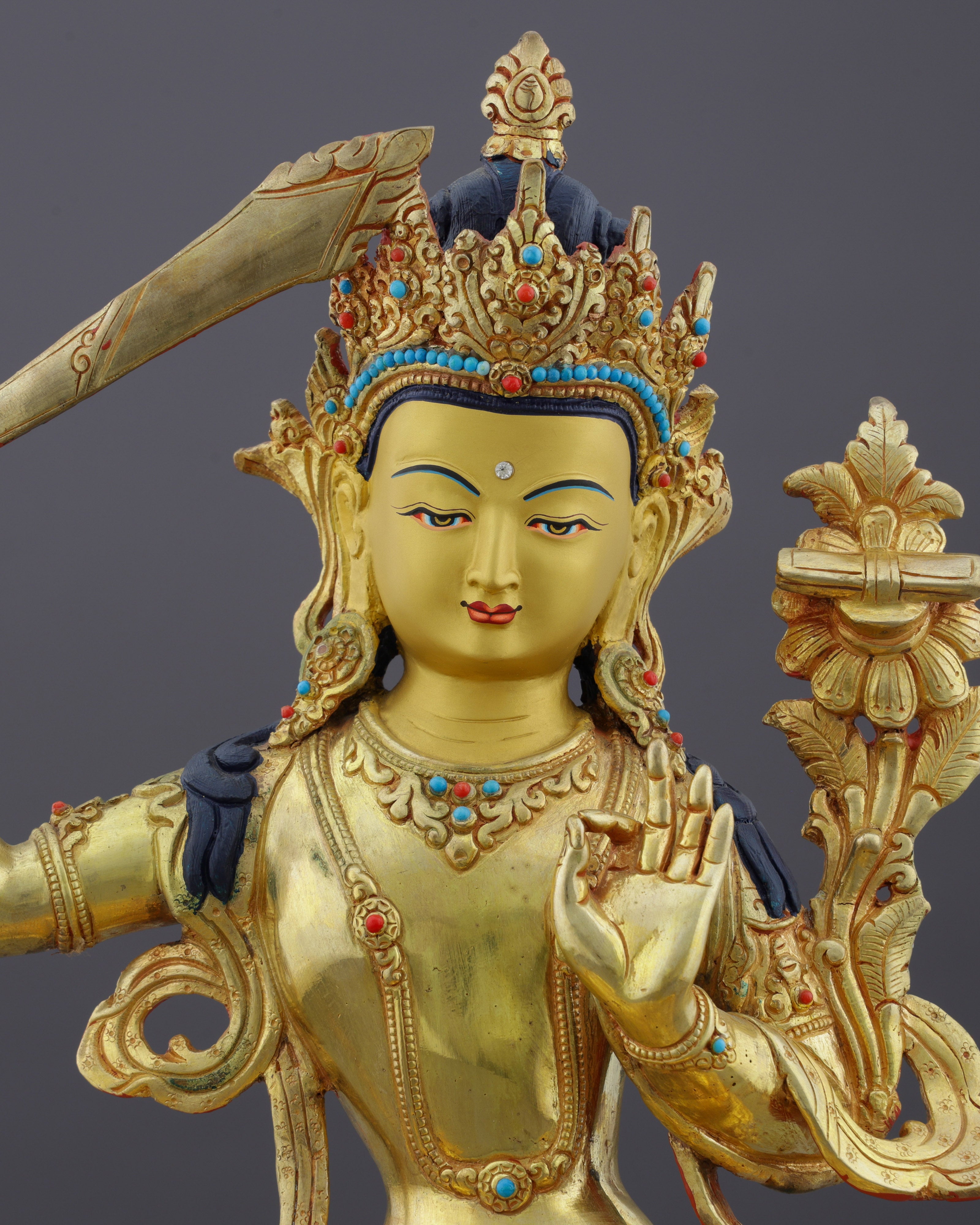 Sword of Wisdom | Magnificent 24K Gold Gilded Manjushri Buddha Statue from Nepal