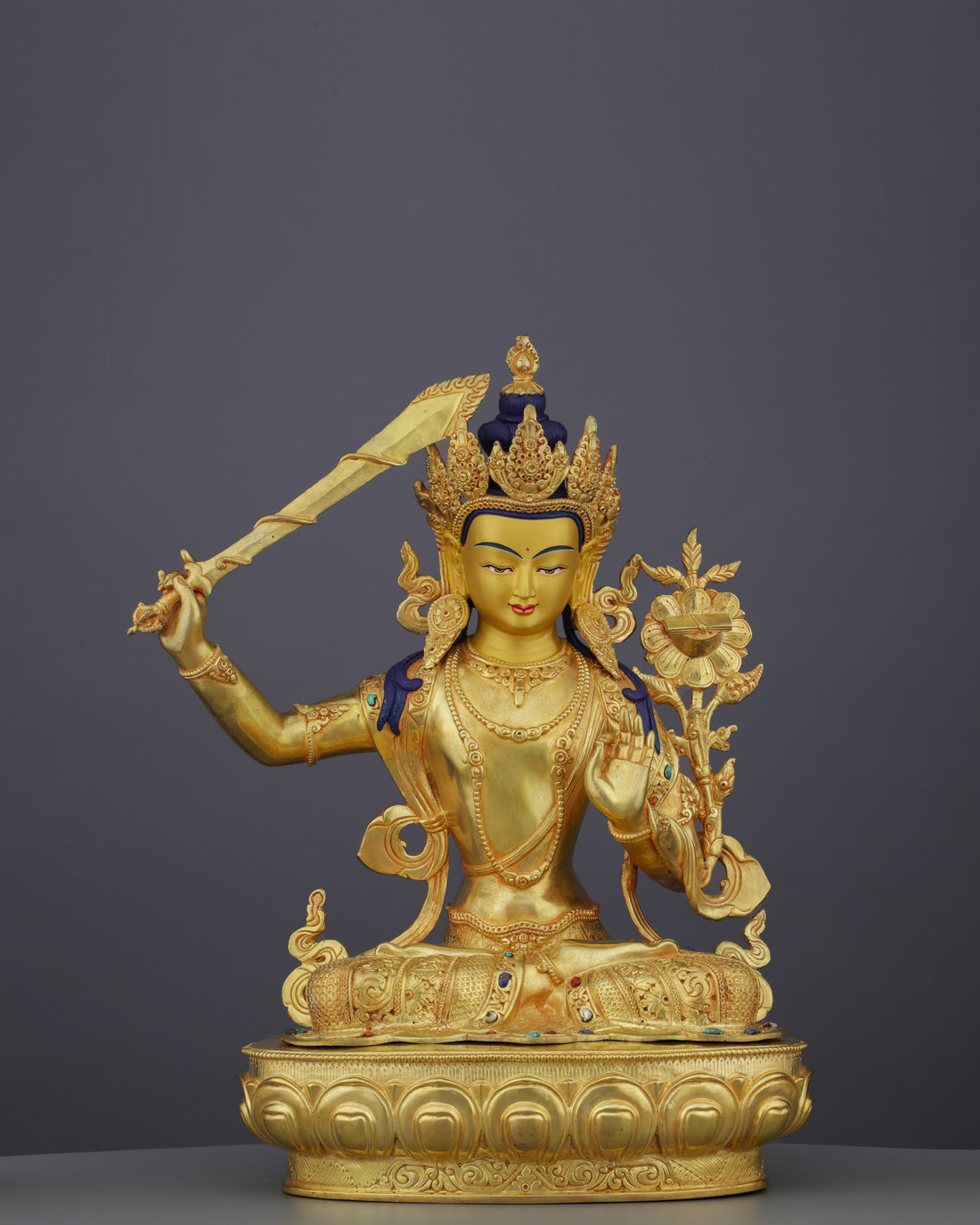 Divine Enlightenment | Masterful 24K Gold Gilded Manjushri Buddha Statue from Nepal - Handcrafted Buddhist Statue