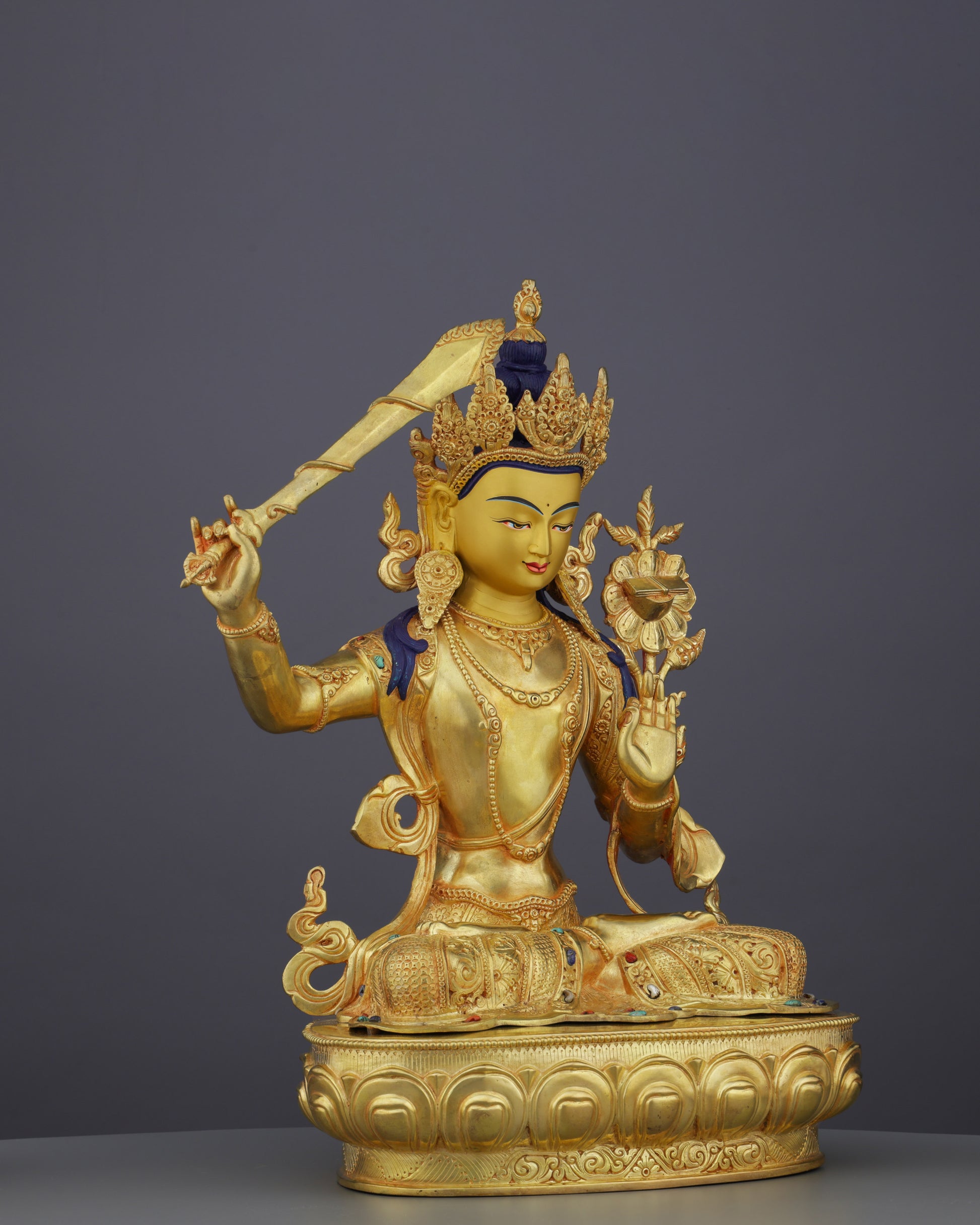 Divine Enlightenment | Masterful 24K Gold Gilded Manjushri Buddha Statue from Nepal - Authentic Handcrafted Statue