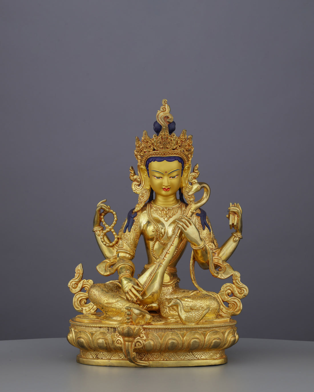 Goddess of Knowledge | Exquisite 24K Gold Gilded Saraswati Statue from Nepal - Handcrafted Buddhist Statue