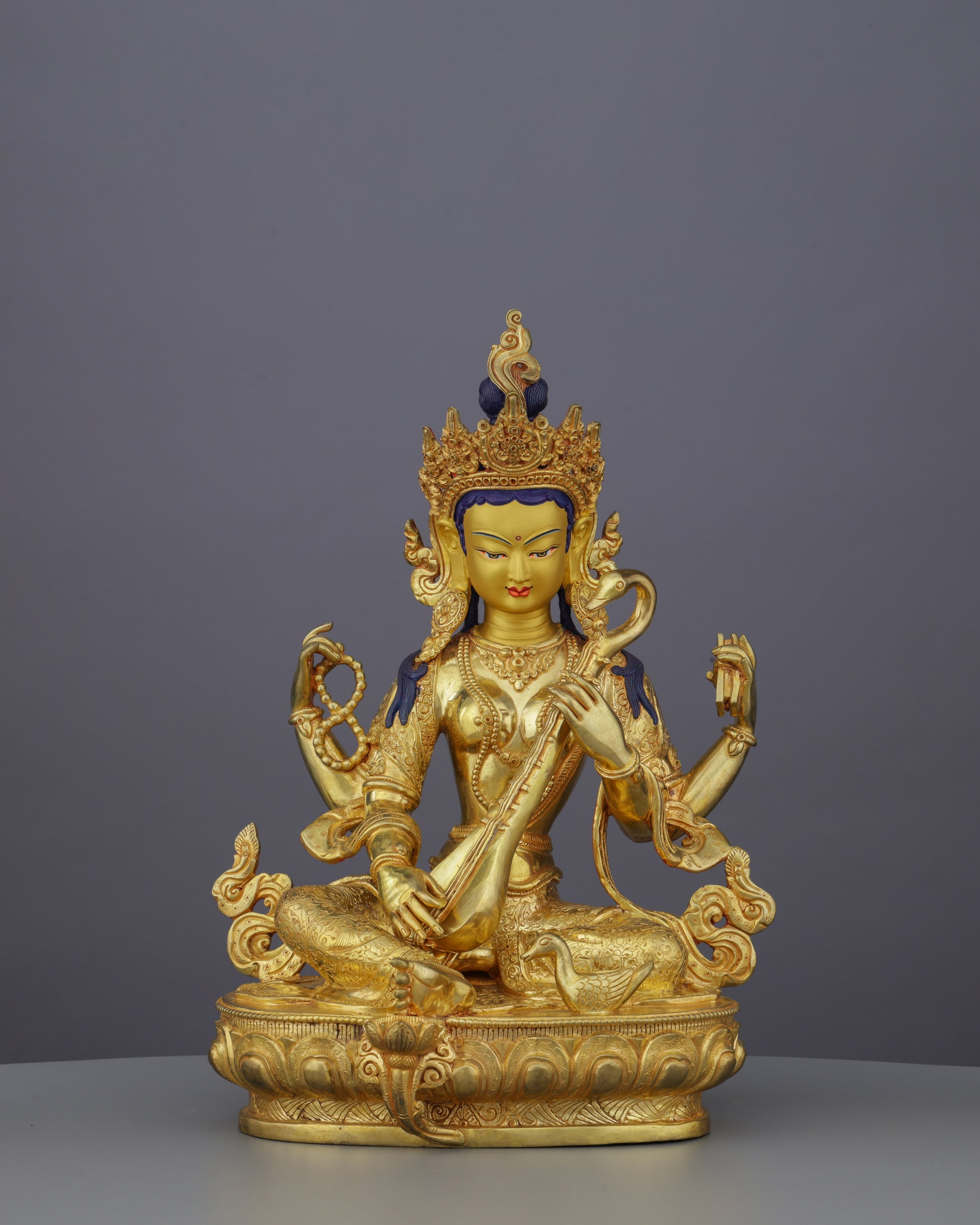 Goddess of Knowledge | Exquisite 24K Gold Gilded Saraswati Statue from Nepal - Authentic Handcrafted Statue