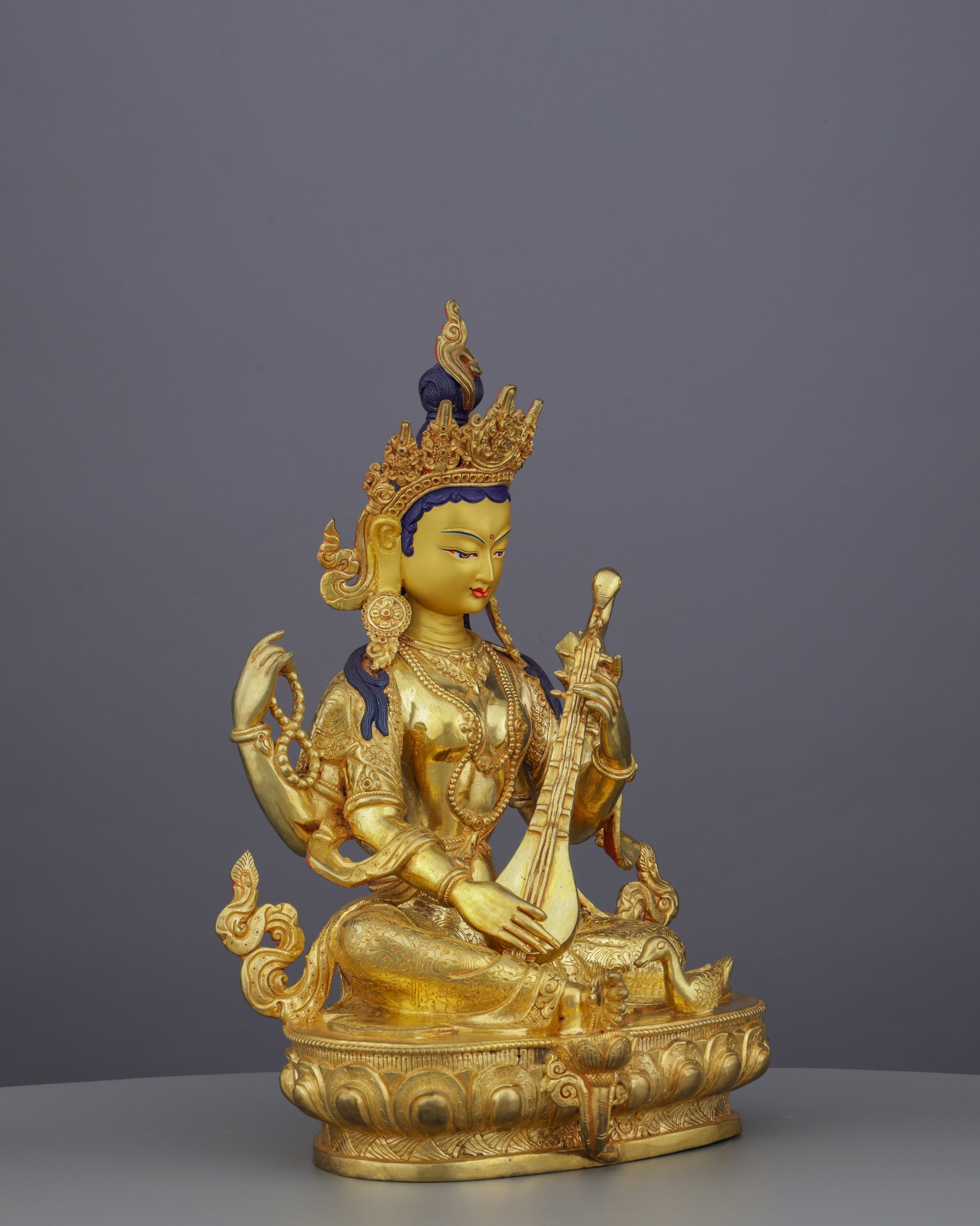 Goddess of Knowledge | Exquisite 24K Gold Gilded Saraswati Statue from Nepal - Authentic Handcrafted Statue