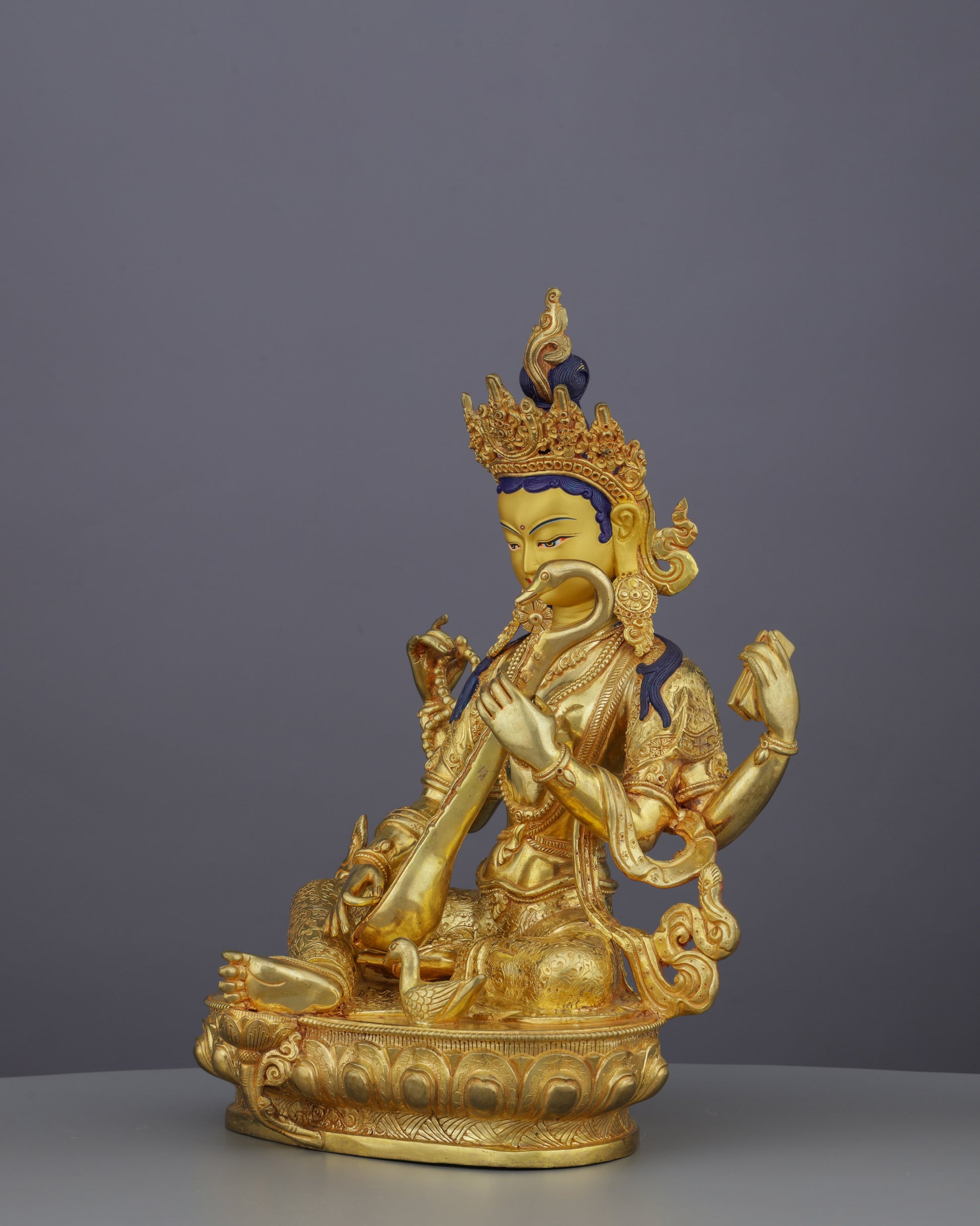 Goddess of Knowledge | Exquisite 24K Gold Gilded Saraswati Statue from Nepal - Authentic Handcrafted Statue
