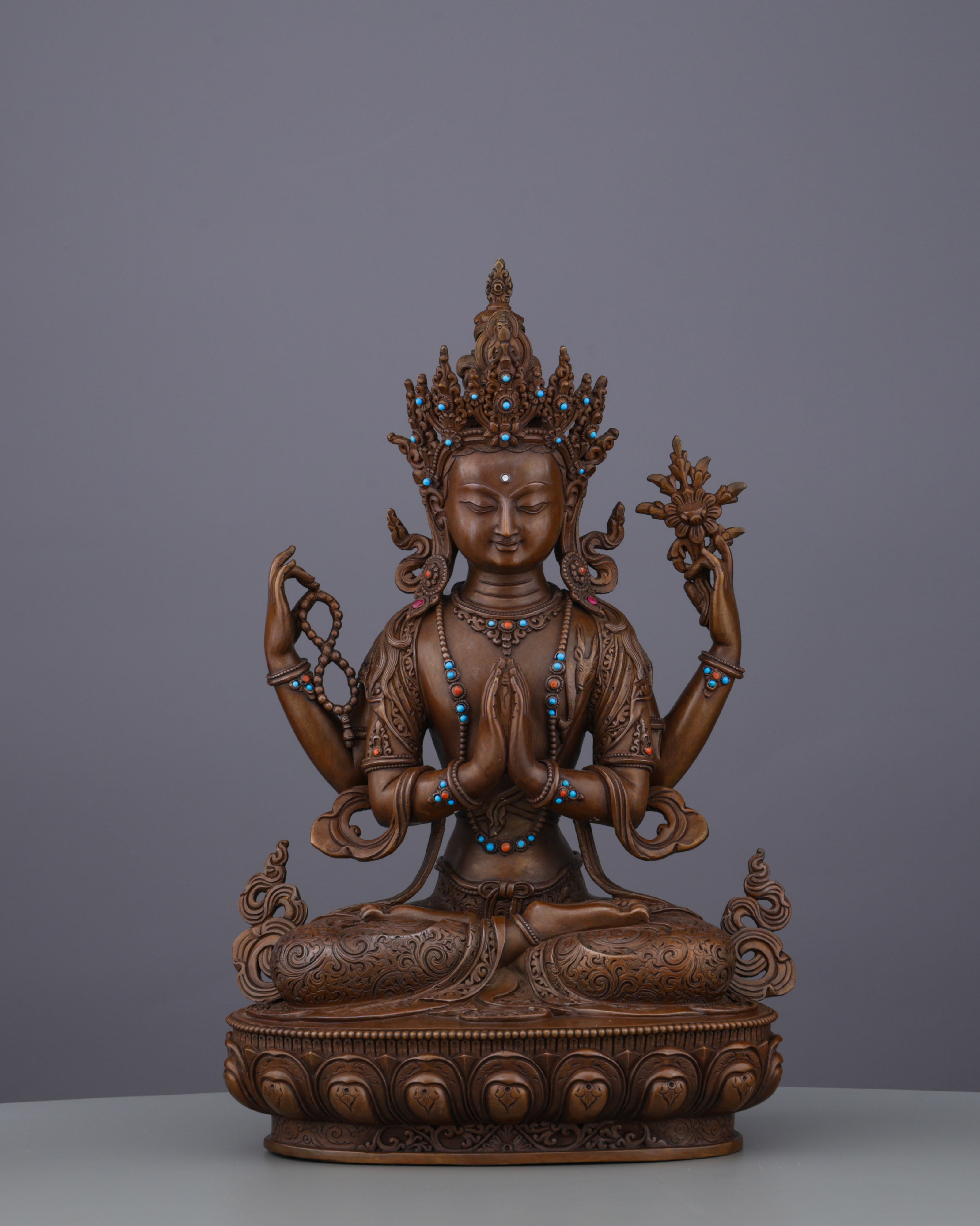 Embrace Divine Compassion | Handcrafted Four-Armed Chengresi Statue
