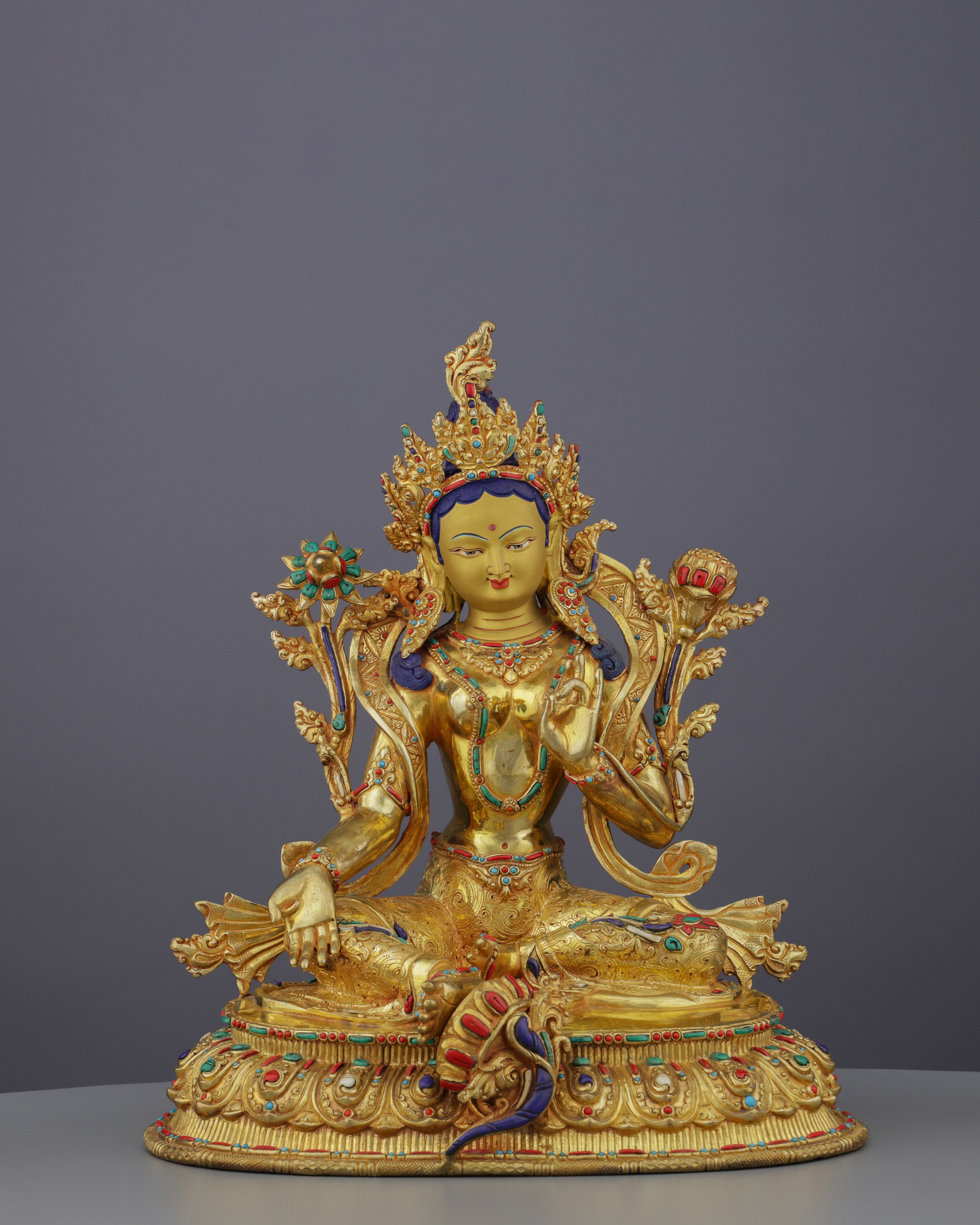 Radiant 24K Gold Gilded Green Tara Statue | Nepal's Divine Protectress in Sacred Artistry