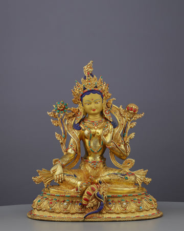 Radiant 24K Gold Gilded Green Tara Statue | Nepal's Divine Protectress in Sacred Artistry