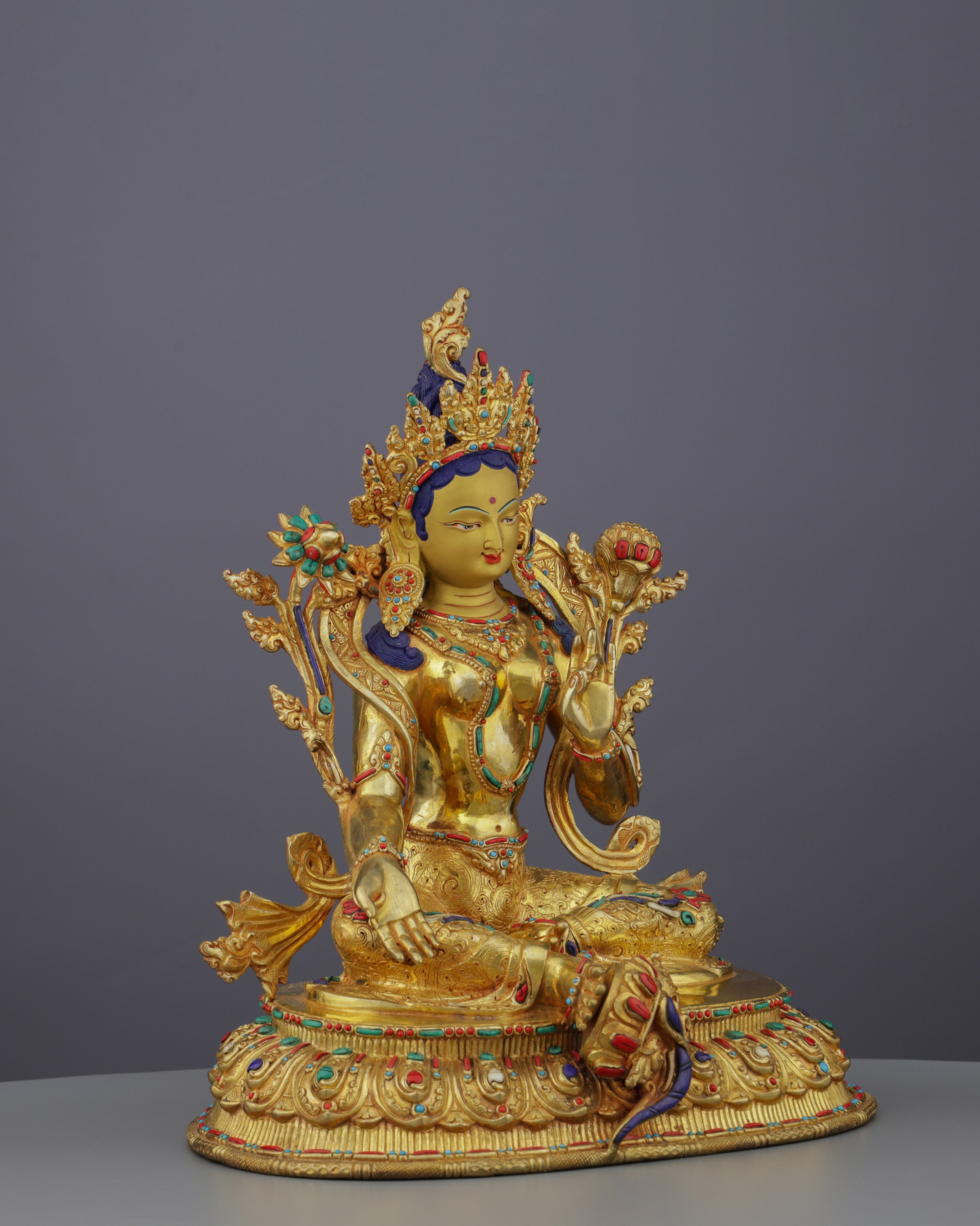 Radiant 24K Gold Gilded Green Tara Statue | Nepal's Divine Protectress in Sacred Artistry