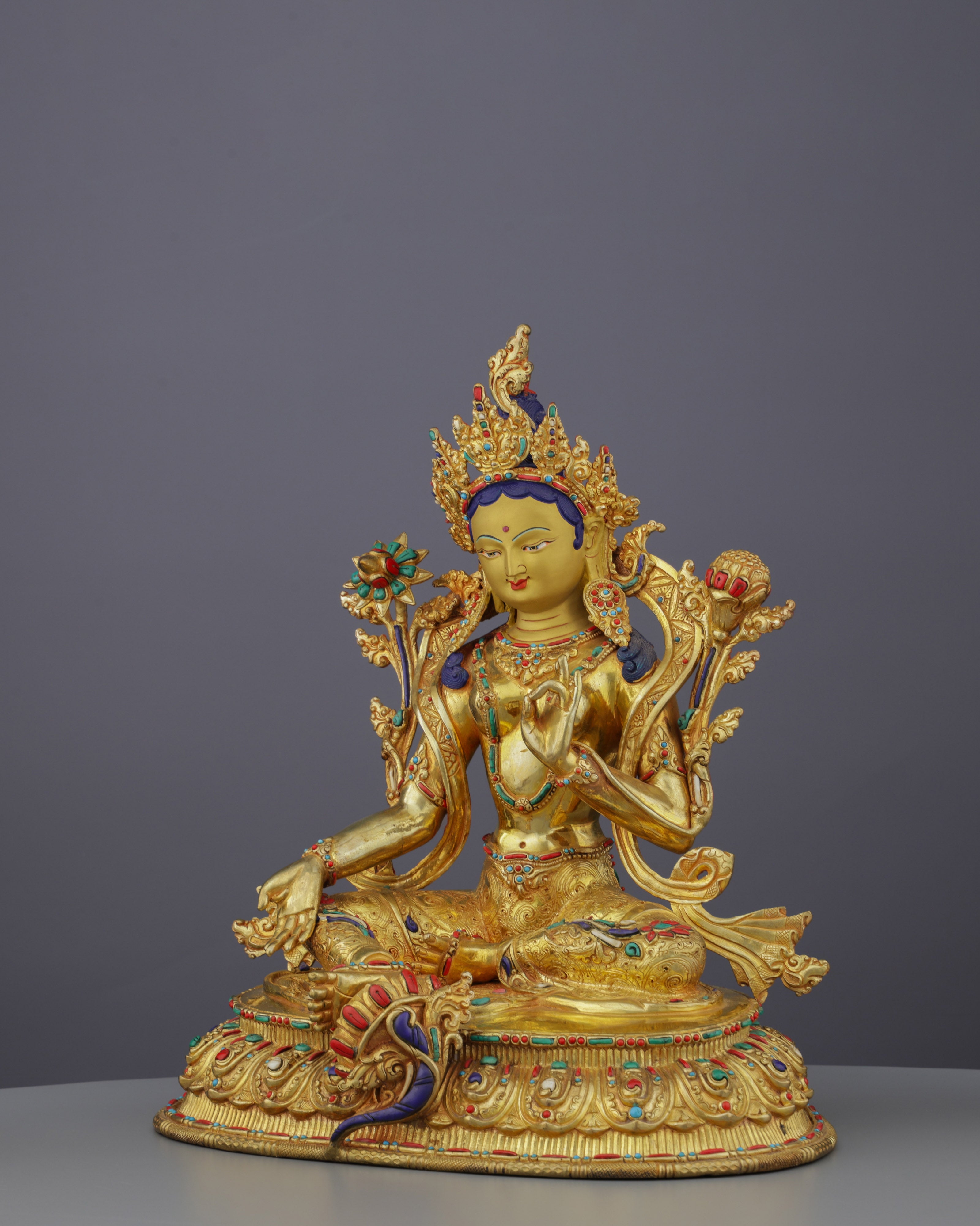 Radiant 24K Gold Gilded Green Tara Statue | Nepal's Divine Protectress in Sacred Artistry