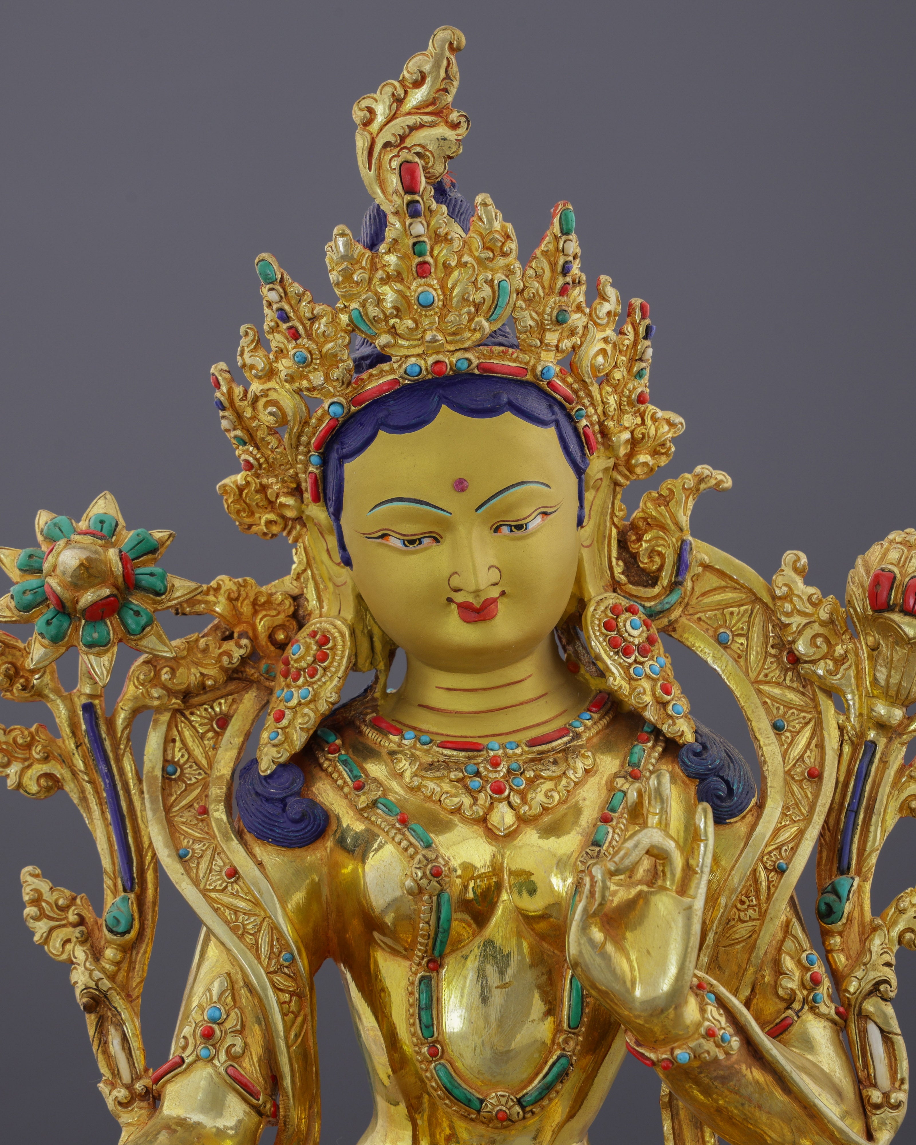 Radiant 24K Gold Gilded Green Tara Statue | Nepal's Divine Protectress in Sacred Artistry