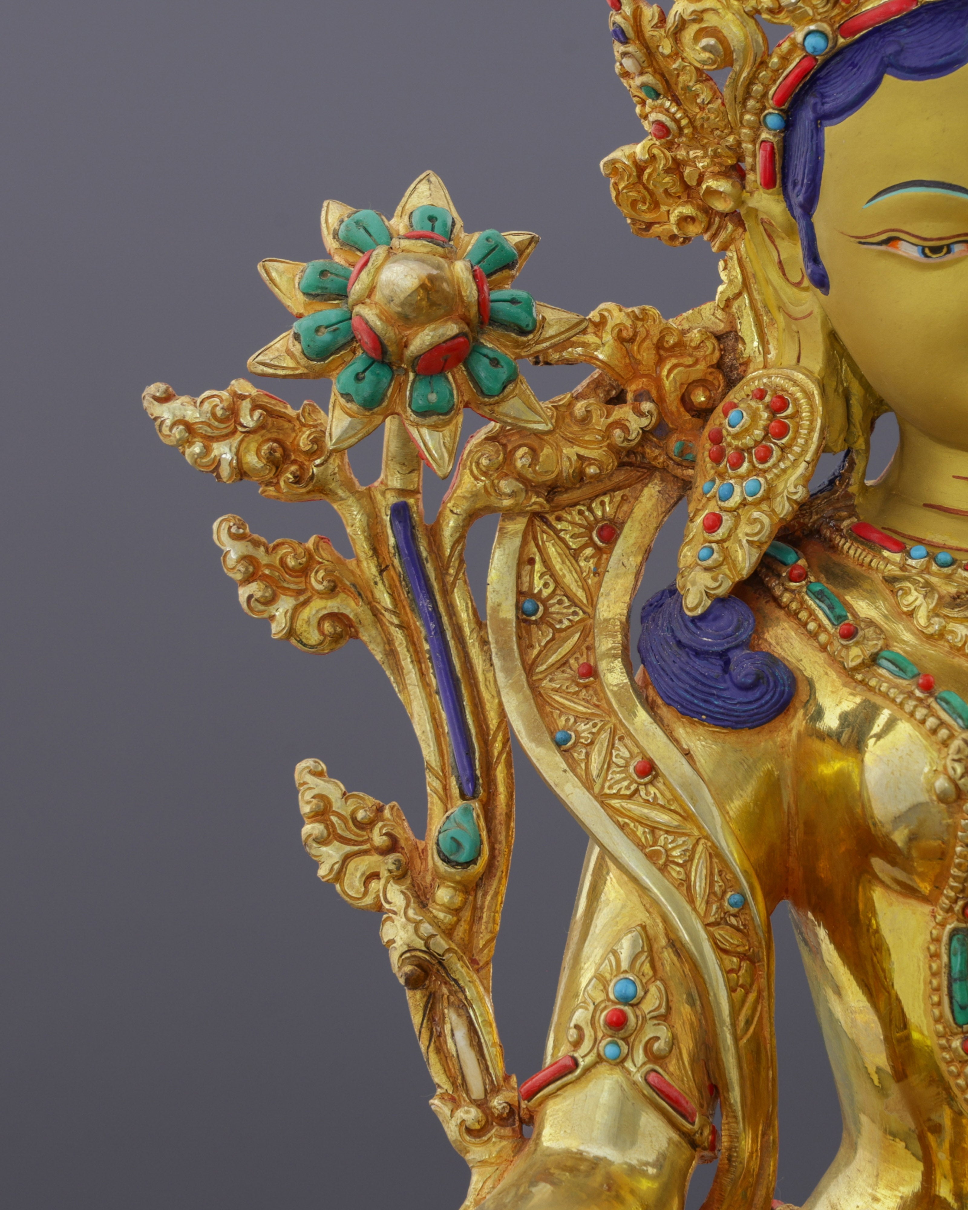 Radiant 24K Gold Gilded Green Tara Statue | Nepal's Divine Protectress in Sacred Artistry