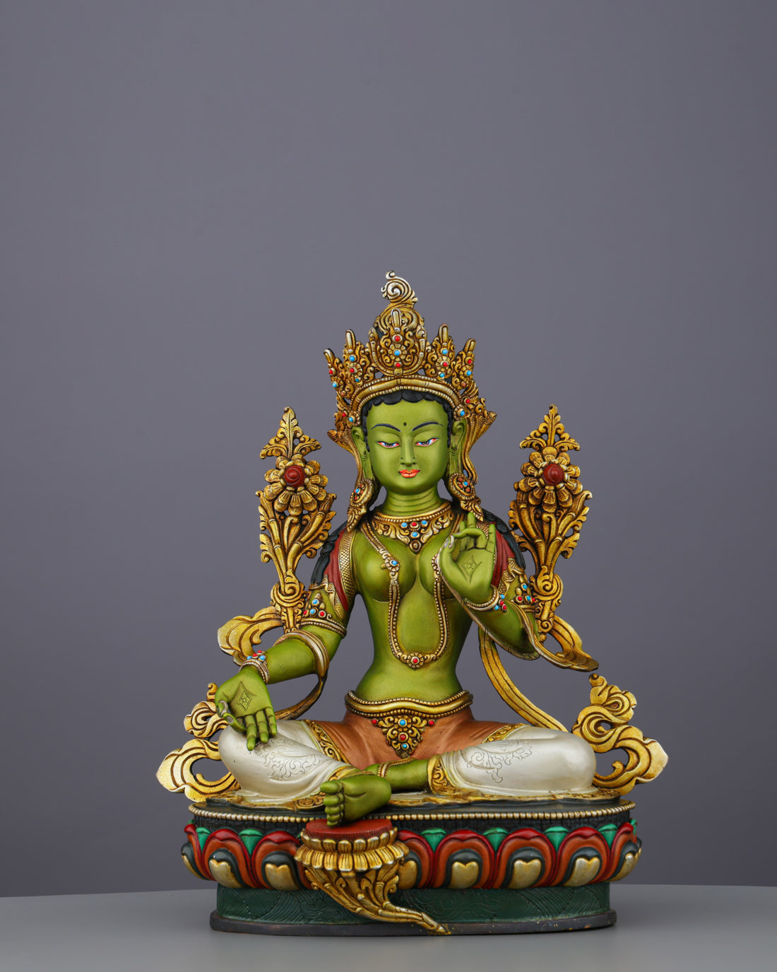 Vibrant Gold-Plated Green Tara Statue | Nepal's Compassionate Mother of Swift Liberation - Handcrafted Buddhist Statue