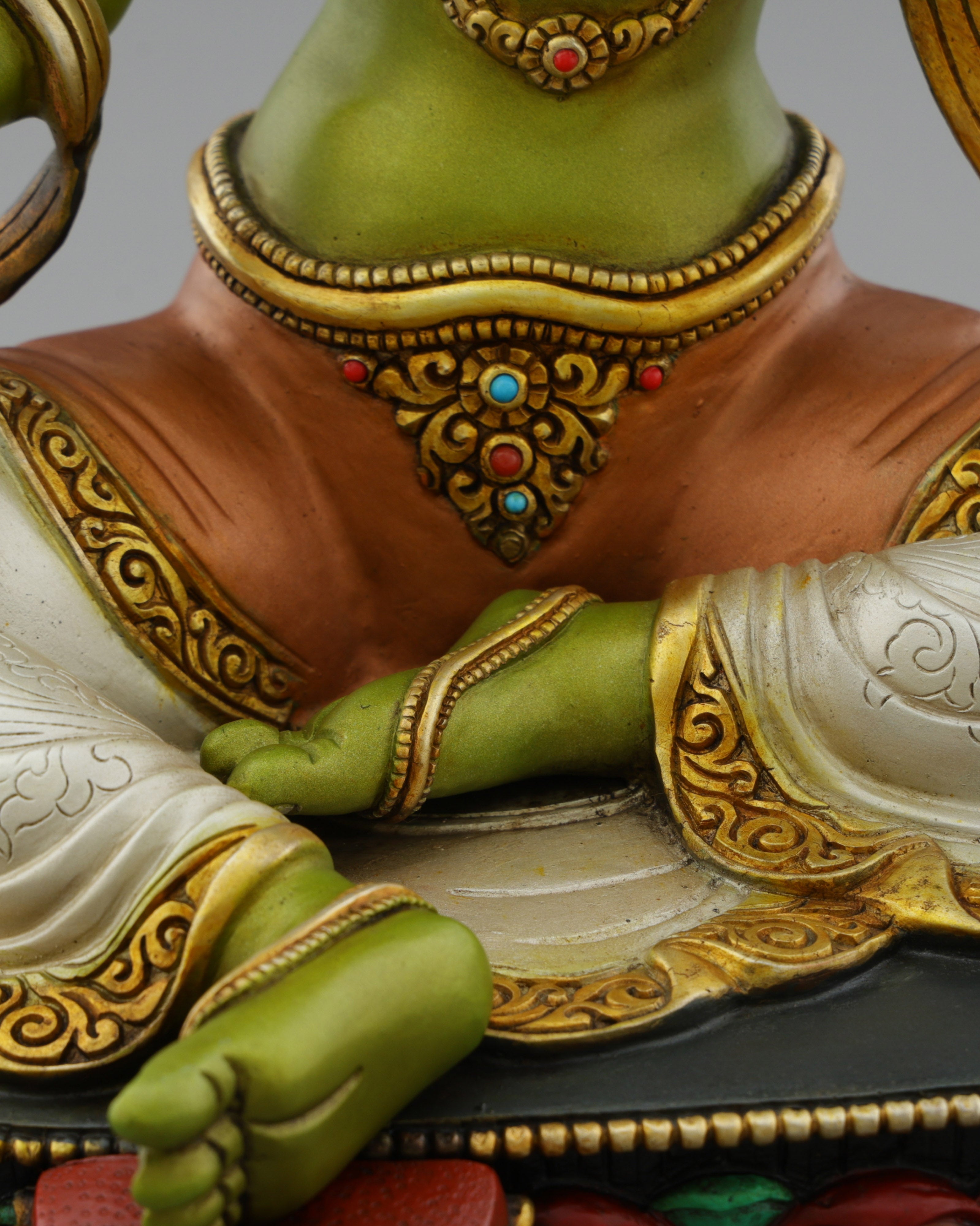 Vibrant Gold-Plated Green Tara Statue | Nepal's Compassionate Mother of Swift Liberation