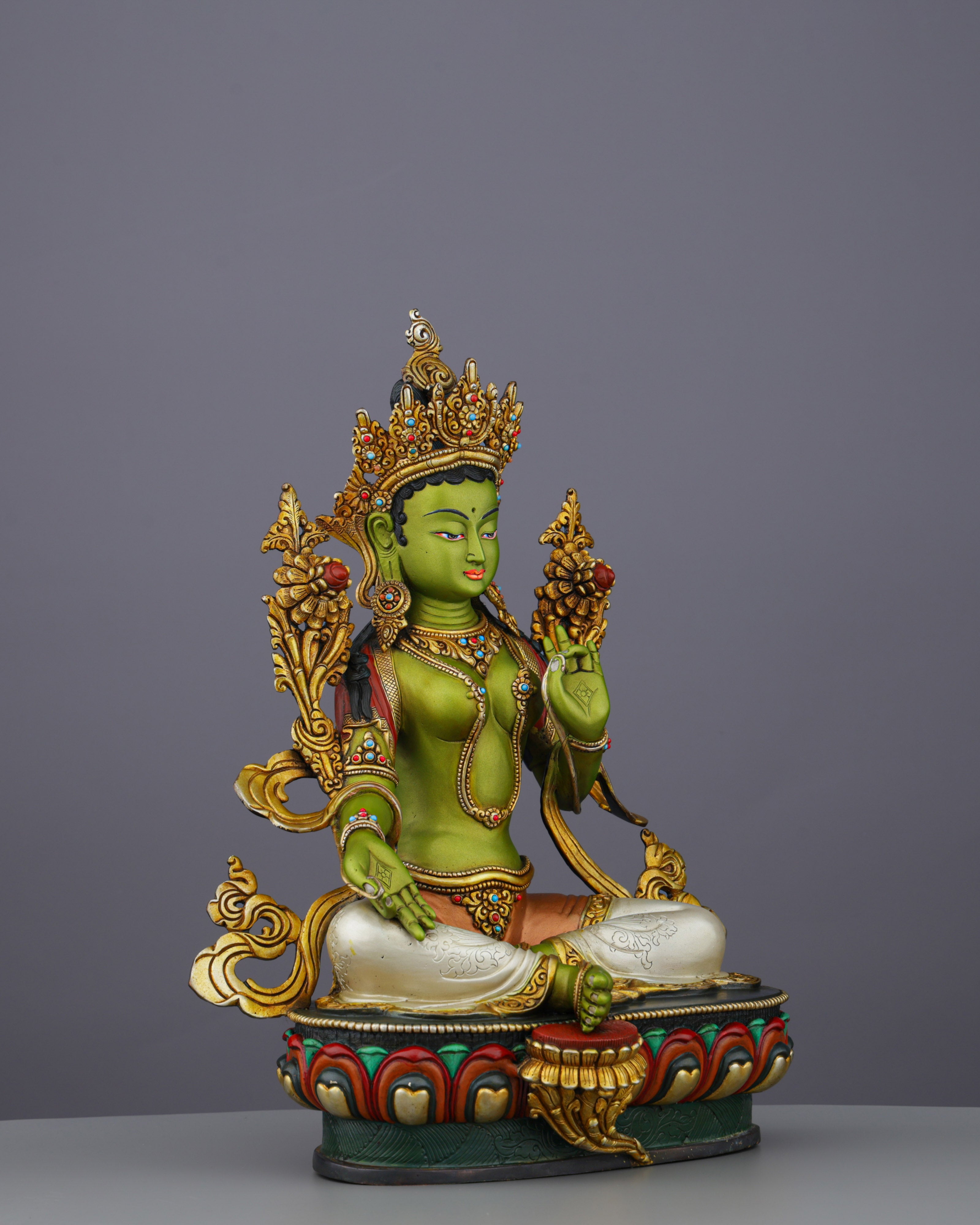 Vibrant Gold-Plated Green Tara Statue | Nepal's Compassionate Mother of Swift Liberation