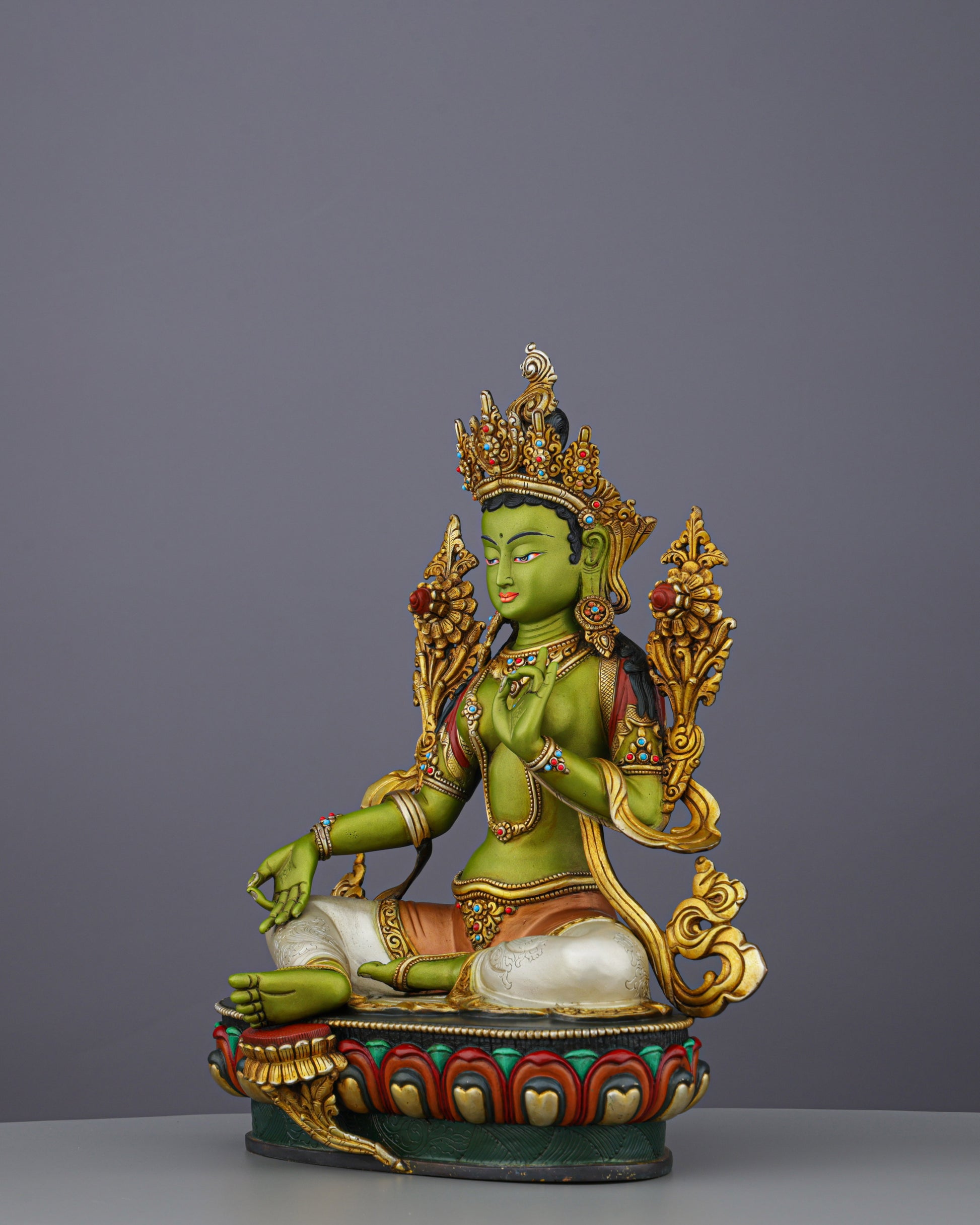 Vibrant Gold-Plated Green Tara Statue | Nepal's Compassionate Mother of Swift Liberation - Authentic Handcrafted Statue