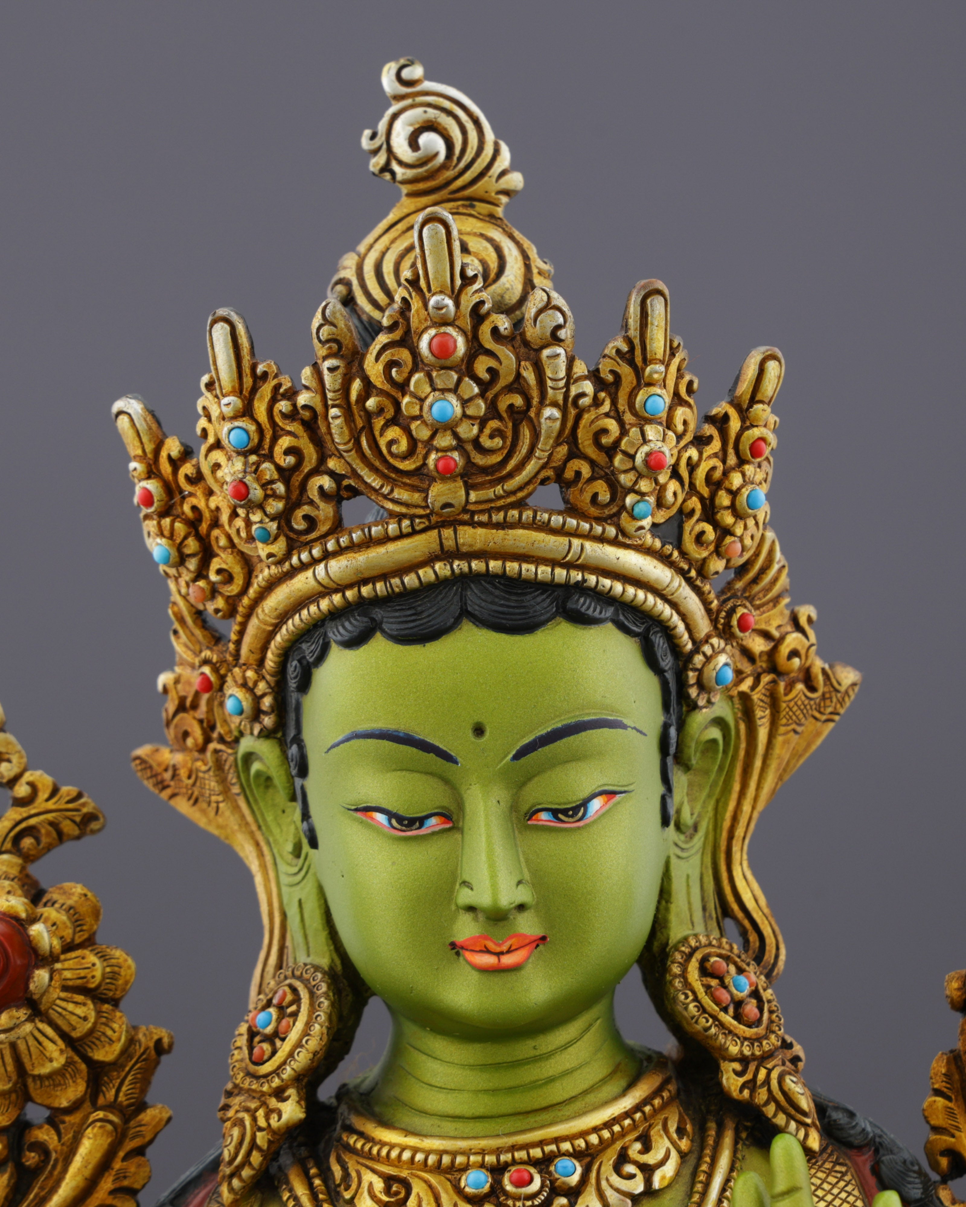 Vibrant Gold-Plated Green Tara Statue | Nepal's Compassionate Mother of Swift Liberation