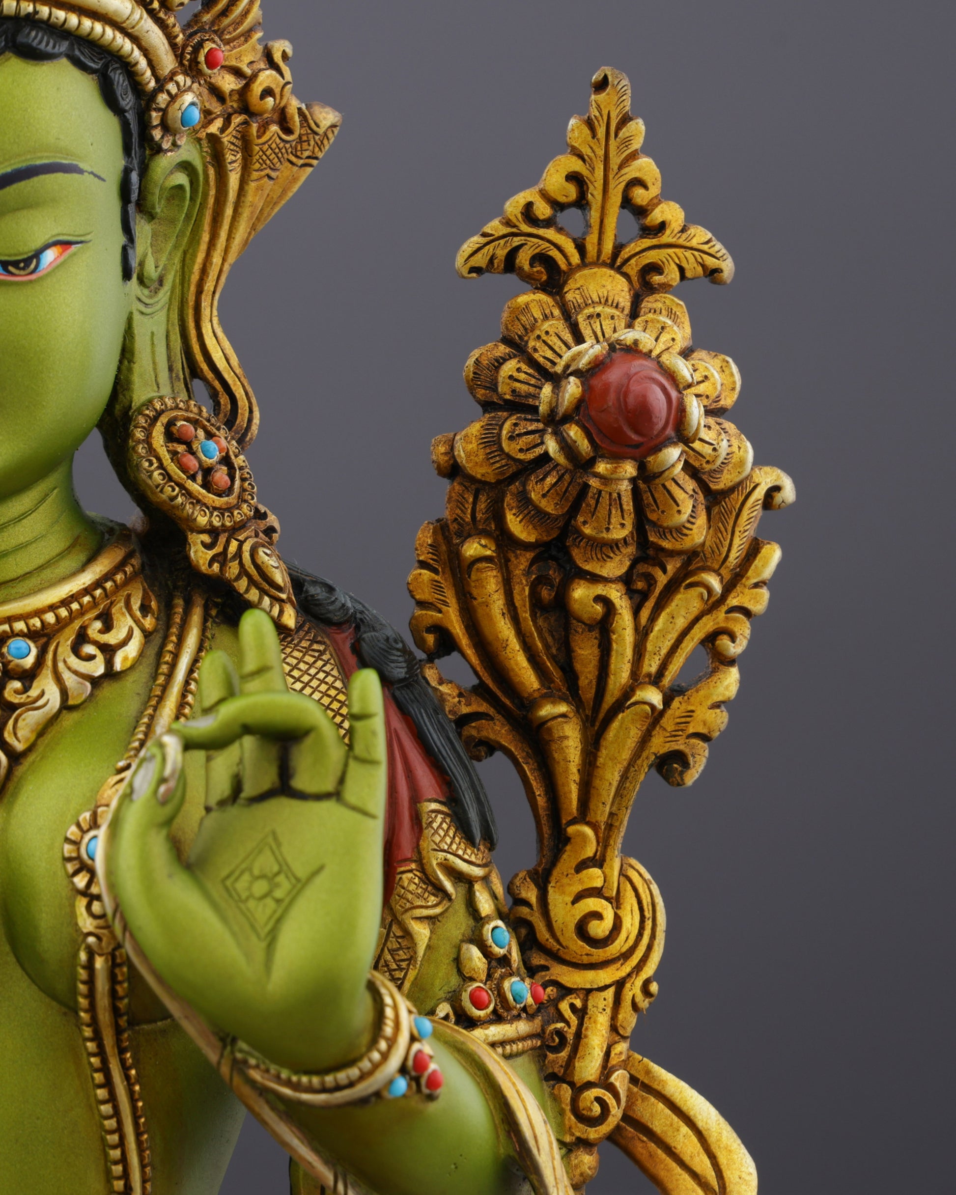 Vibrant Gold-Plated Green Tara Statue | Nepal's Compassionate Mother of Swift Liberation - Authentic Handcrafted Statue