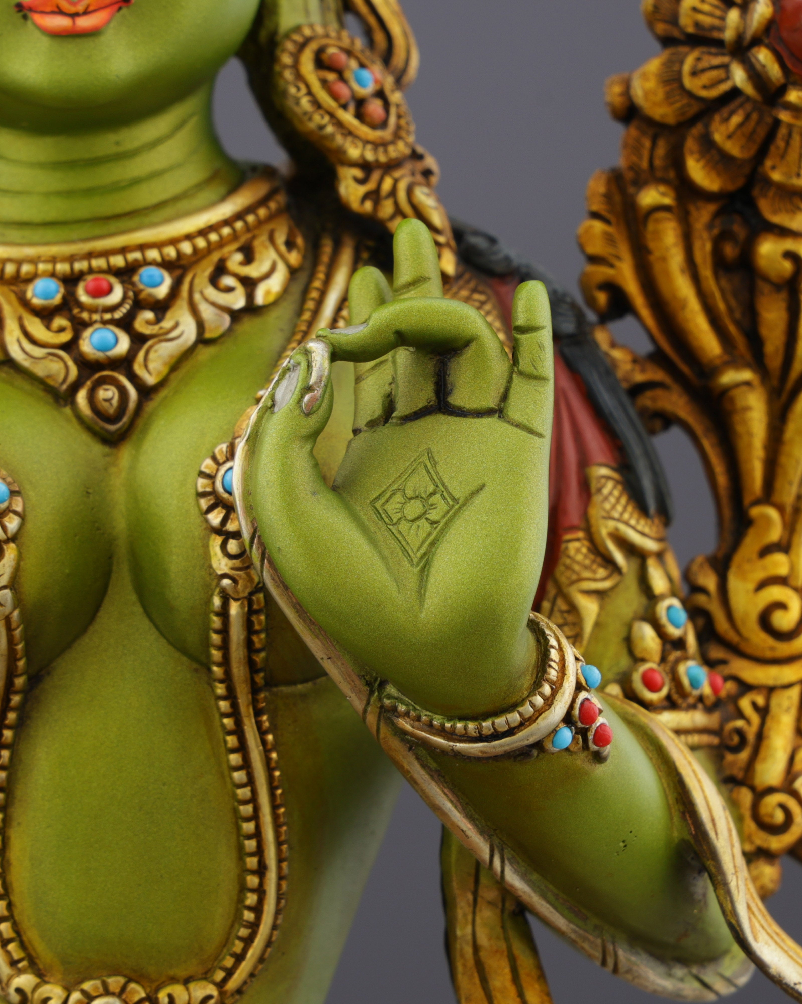 Vibrant Gold-Plated Green Tara Statue | Nepal's Compassionate Mother of Swift Liberation