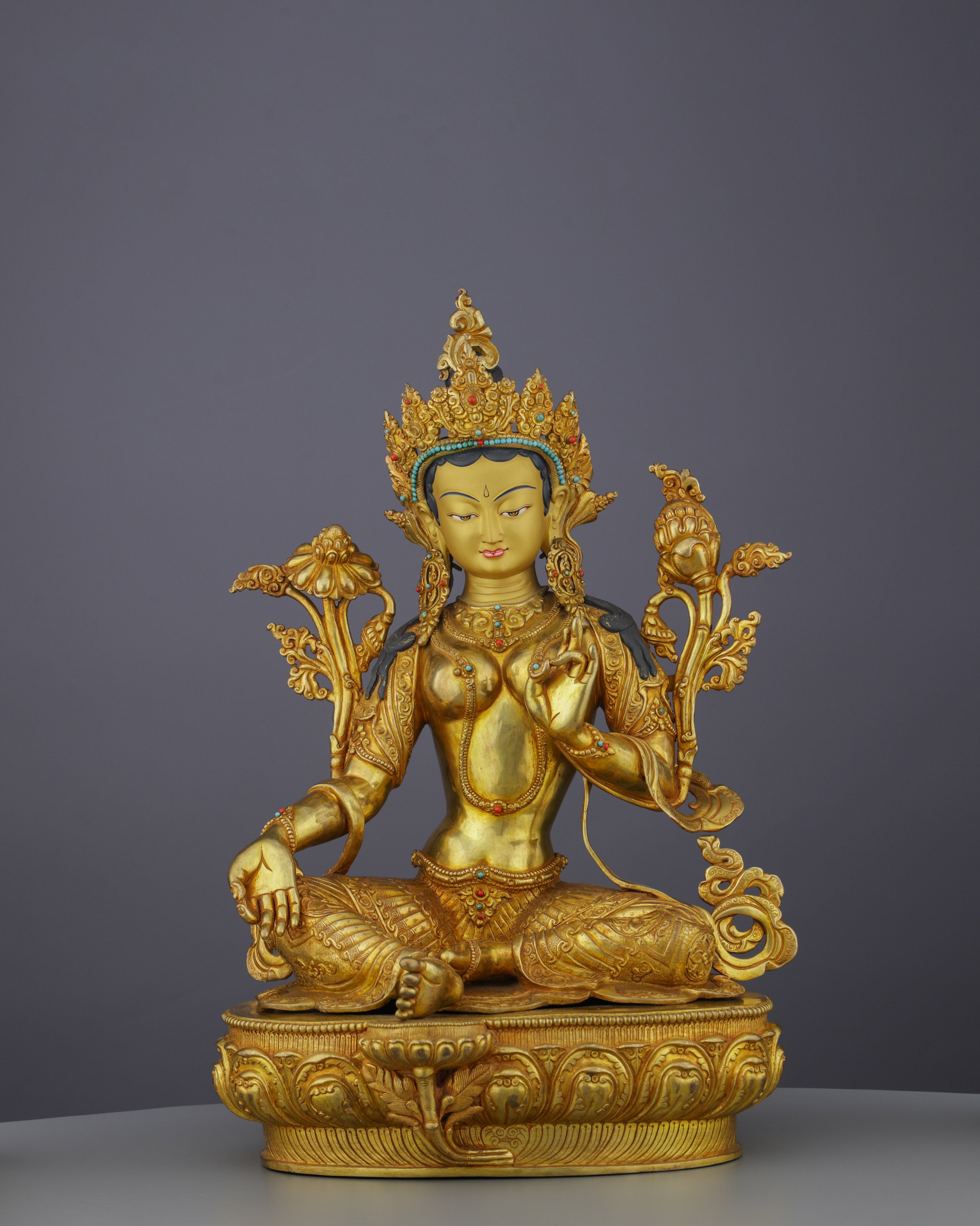 Luminous 24K Gold Gilded Green Tara Statue | Nepal's Grand Masterpiece of Divine Compassion