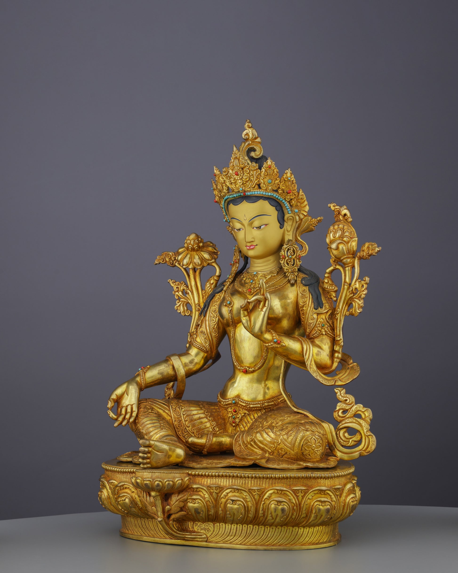Luminous 24K Gold Gilded Green Tara Statue | Nepal's Grand Masterpiece of Divine Compassion - Authentic Handcrafted Statue