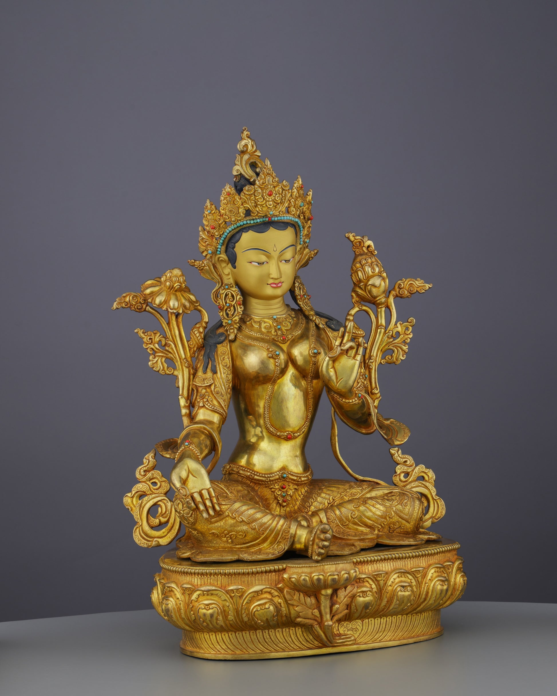 Luminous 24K Gold Gilded Green Tara Statue | Nepal's Grand Masterpiece of Divine Compassion - Authentic Handcrafted Statue