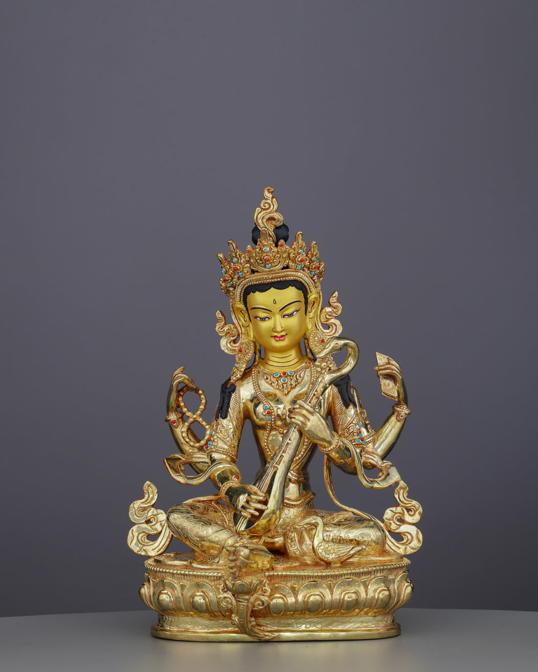 Handcrafted Saraswati Statue | Divine Goddess of Wisdom and Arts in Radiant 24K Gold - Handcrafted Buddhist Statue