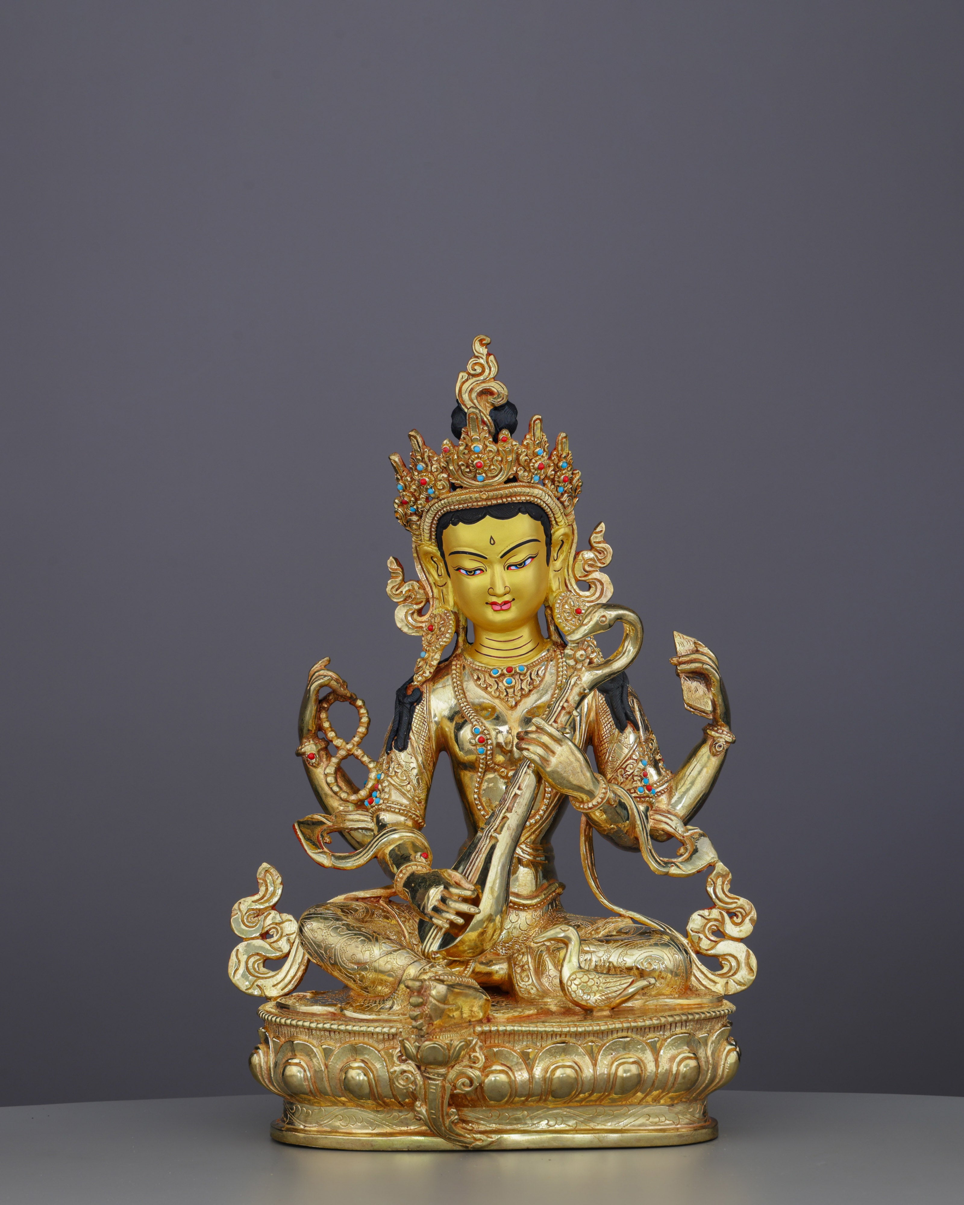 Handcrafted Saraswati Statue | Divine Goddess of Wisdom and Arts in Radiant 24K Gold