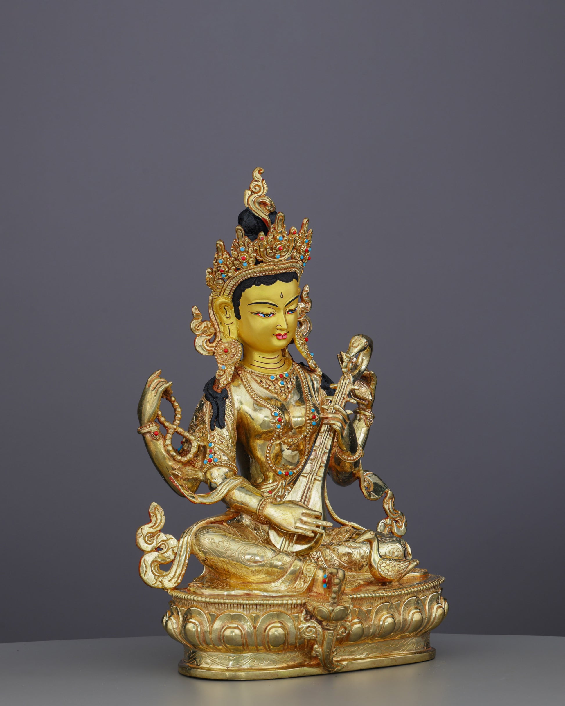 Handcrafted Saraswati Statue | Divine Goddess of Wisdom and Arts in Radiant 24K Gold - Authentic Handcrafted Statue