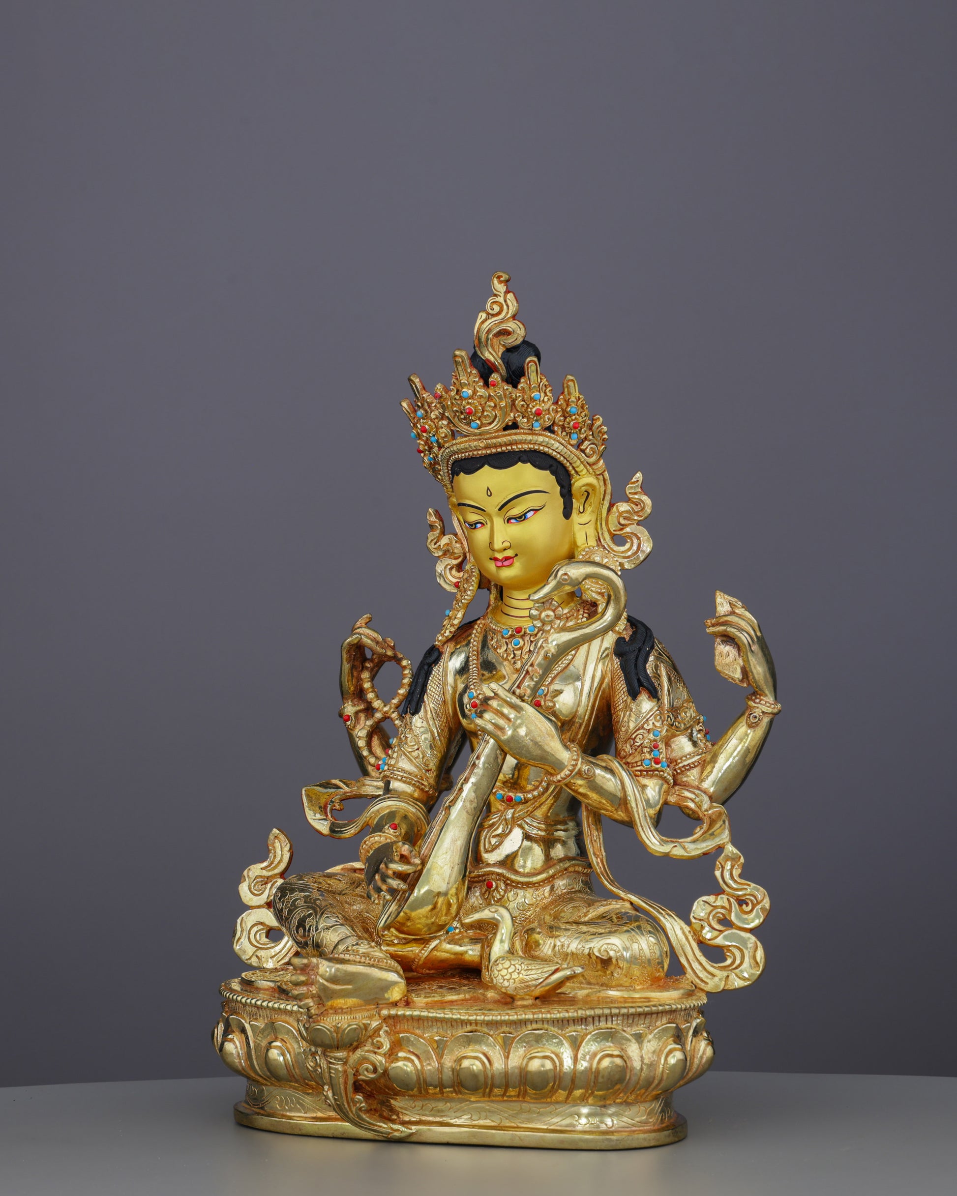 Handcrafted Saraswati Statue | Divine Goddess of Wisdom and Arts in Radiant 24K Gold - Authentic Handcrafted Statue