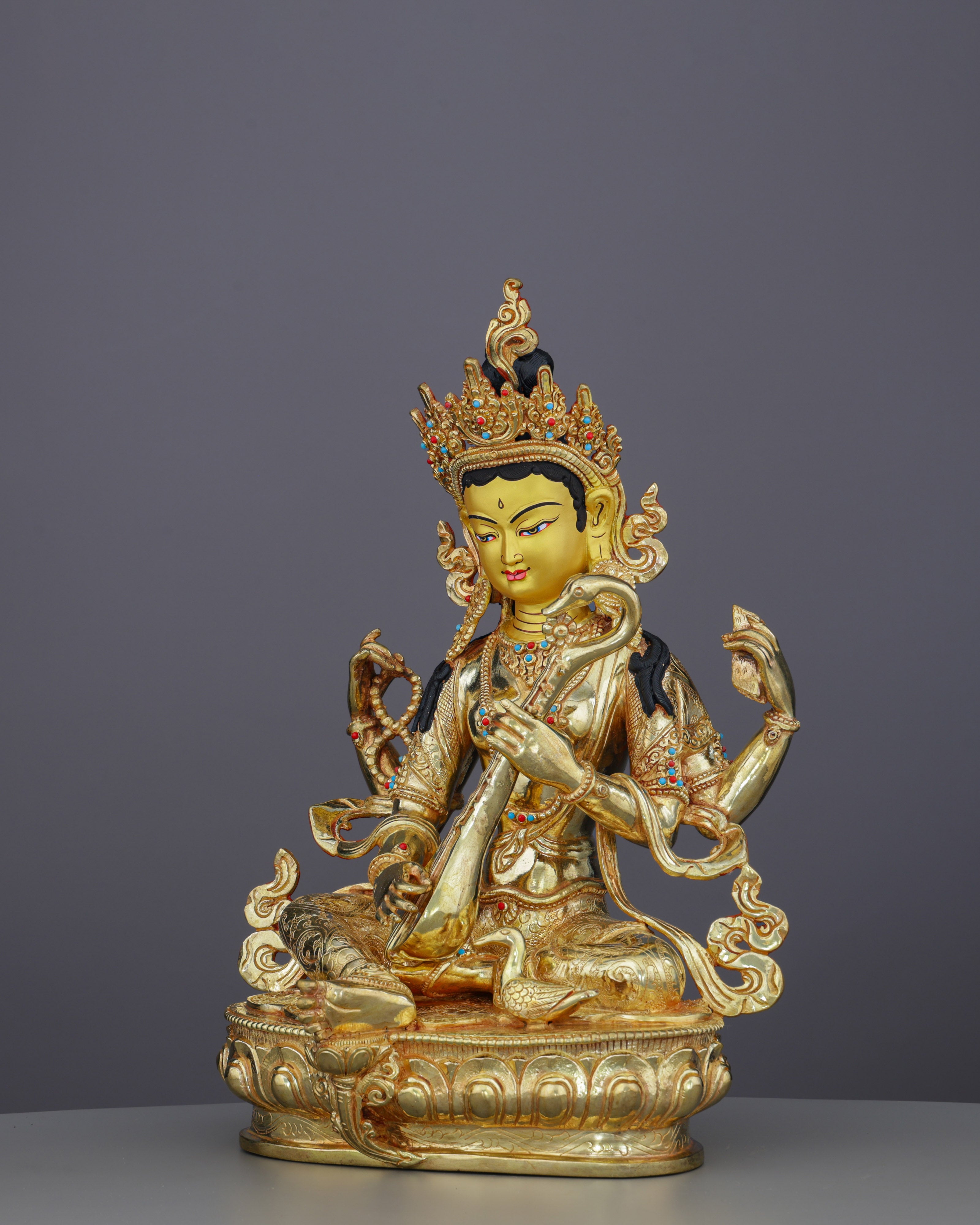 Handcrafted Saraswati Statue | Divine Goddess of Wisdom and Arts in Radiant 24K Gold