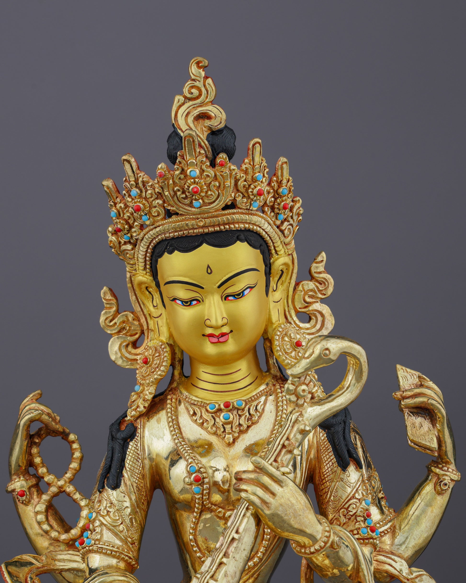 Handcrafted Saraswati Statue | Divine Goddess of Wisdom and Arts in Radiant 24K Gold - Authentic Handcrafted Statue