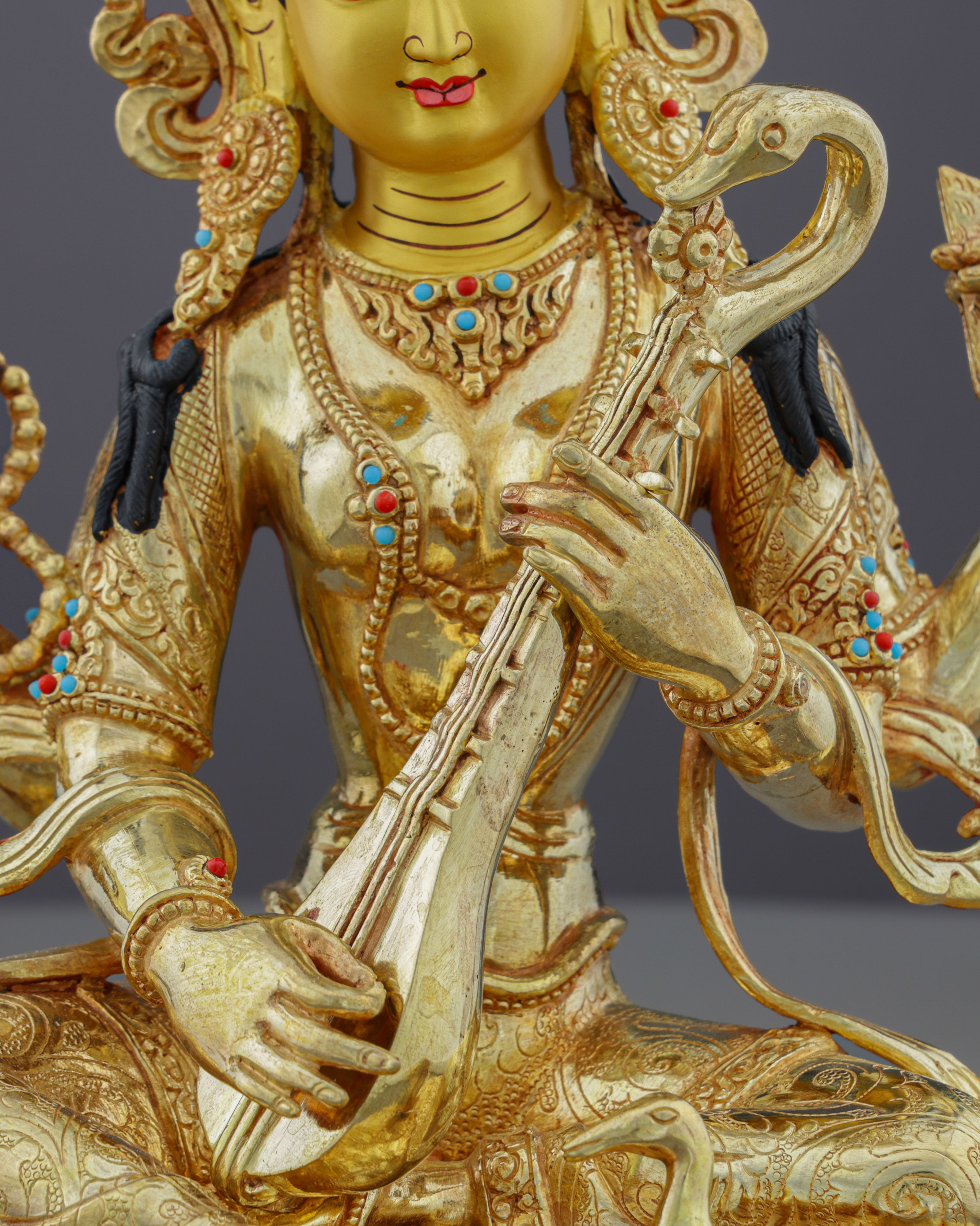Handcrafted Saraswati Statue | Divine Goddess of Wisdom and Arts in Radiant 24K Gold