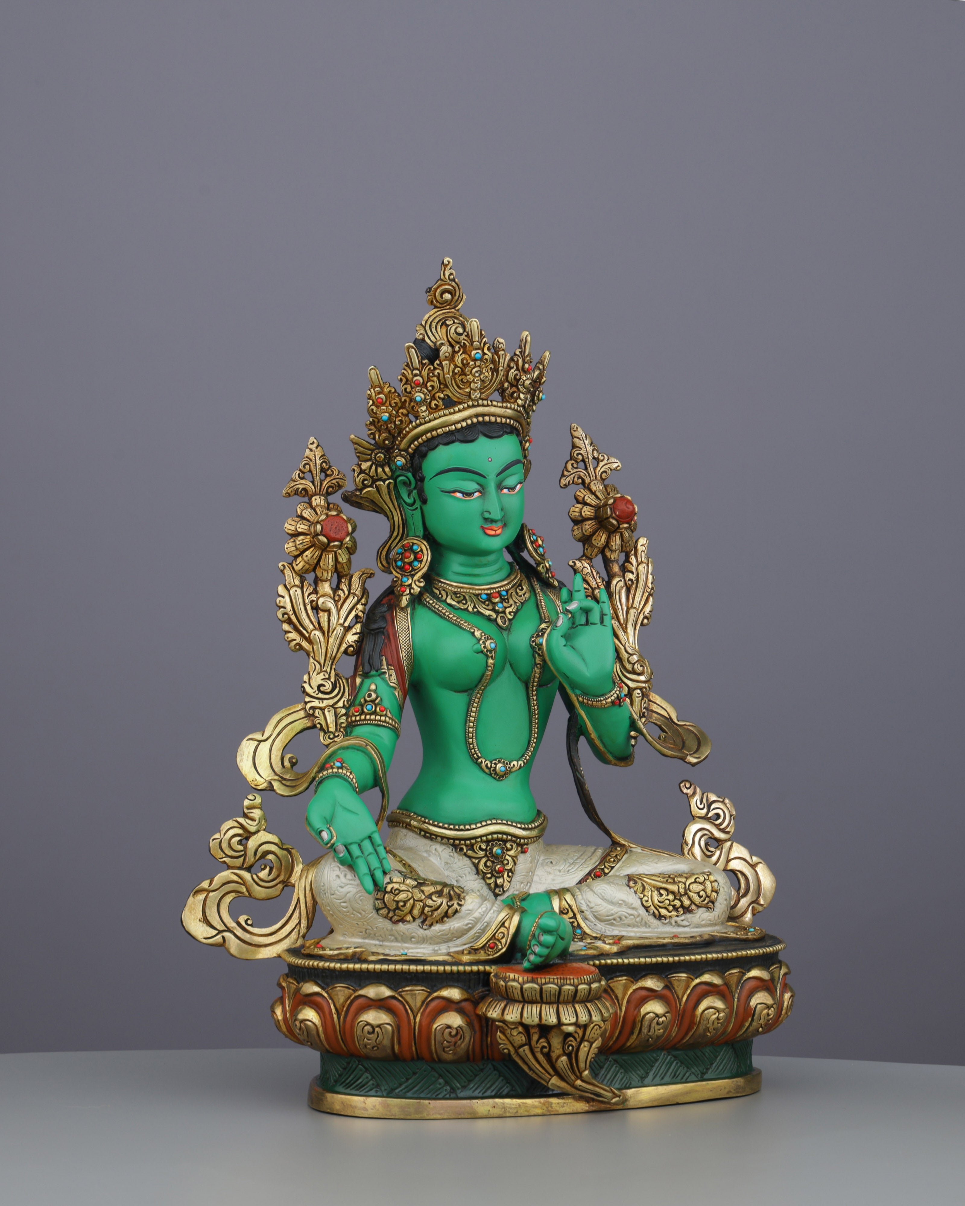 Divine Grace in Emerald Splendor | Handcrafted Green Tara Statue from Nepal