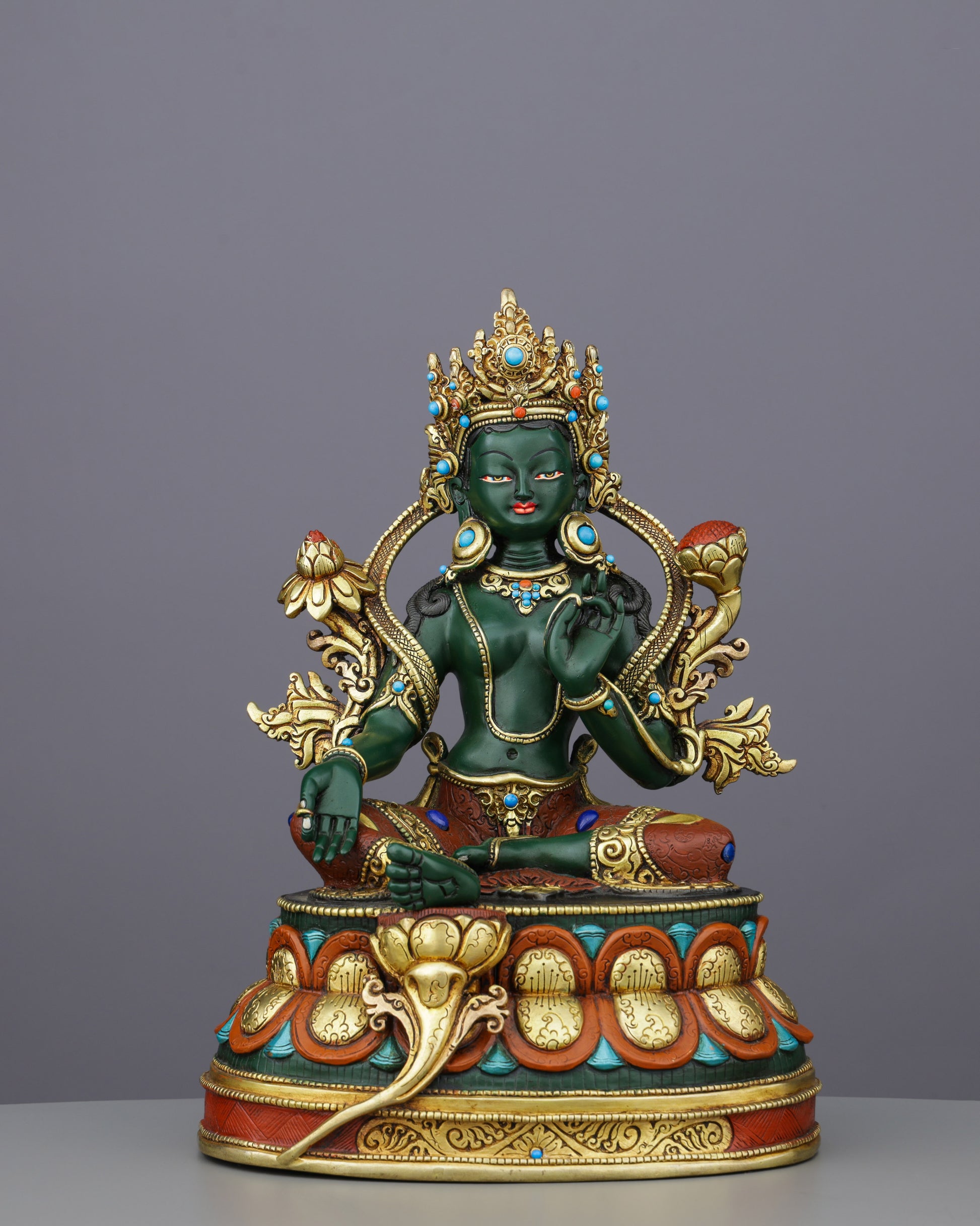 Exquisite Green Tara | Gold-Plated Copper Statue&nbsp; - Authentic Handcrafted Statue